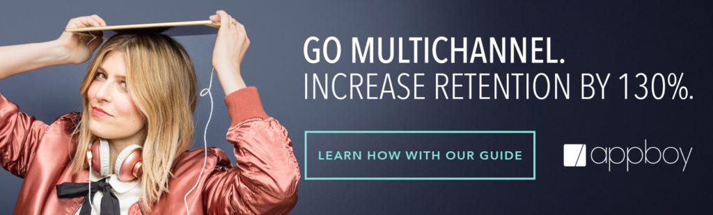 A woman in a pink bomber jacket holds a tablet above her head, smiling. The text promotes multichannel strategies to increase retention by 130%.