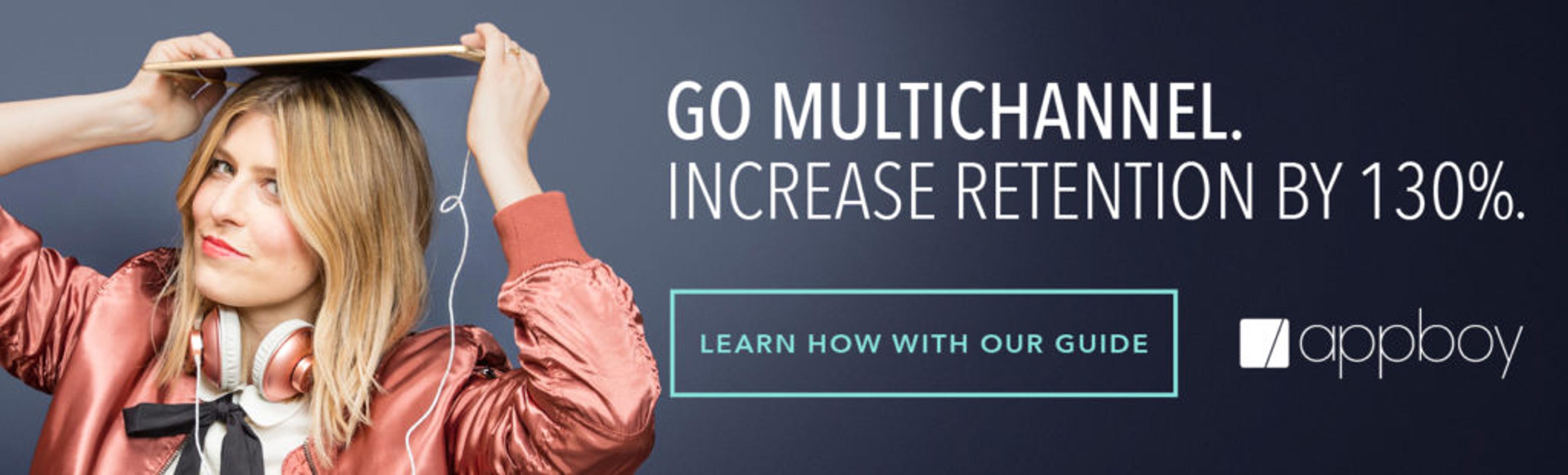 A woman in a pink bomber jacket holds a tablet above her head, smiling. The text promotes multichannel strategies to increase retention by 130%.