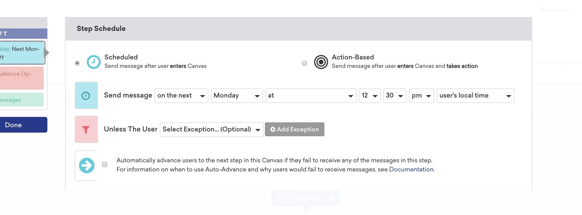 A scheduling interface showing options to send a message on the next Monday at 12:30 PM, with an option to add exceptions. Instructions for auto-advancing users to the next step are also visible.