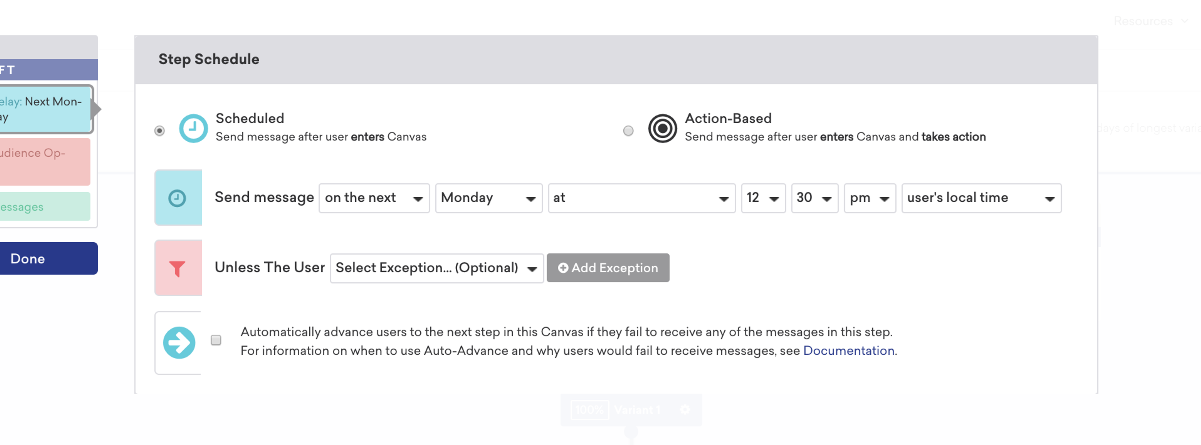 A scheduling interface showing options to send a message on the next Monday at 12:30 PM, with an option to add exceptions. Instructions for auto-advancing users to the next step are also visible.
