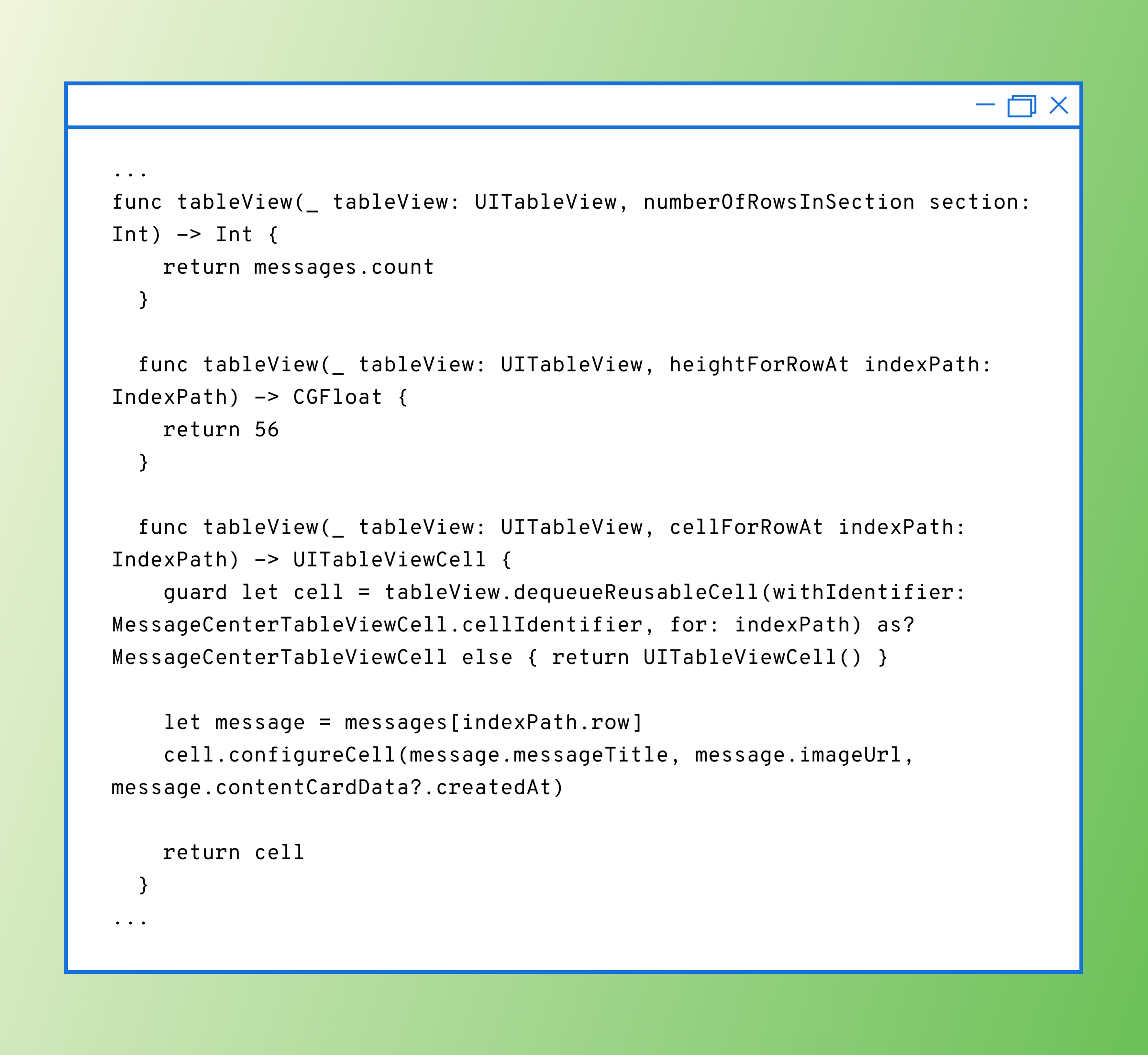 Code snippet showing a function for a table view in Swift, including methods for returning the number of rows and configuring cells with message data.