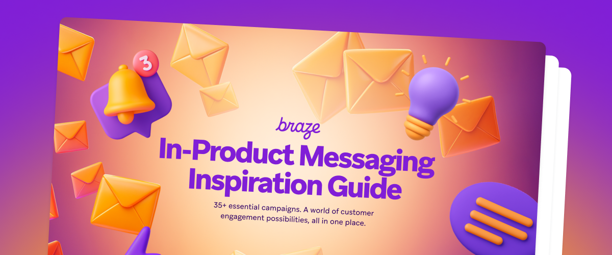 Braze In-Product Messaging Inspiration Guide cover featuring 3D mail, notification bell, and lightbulb icons.