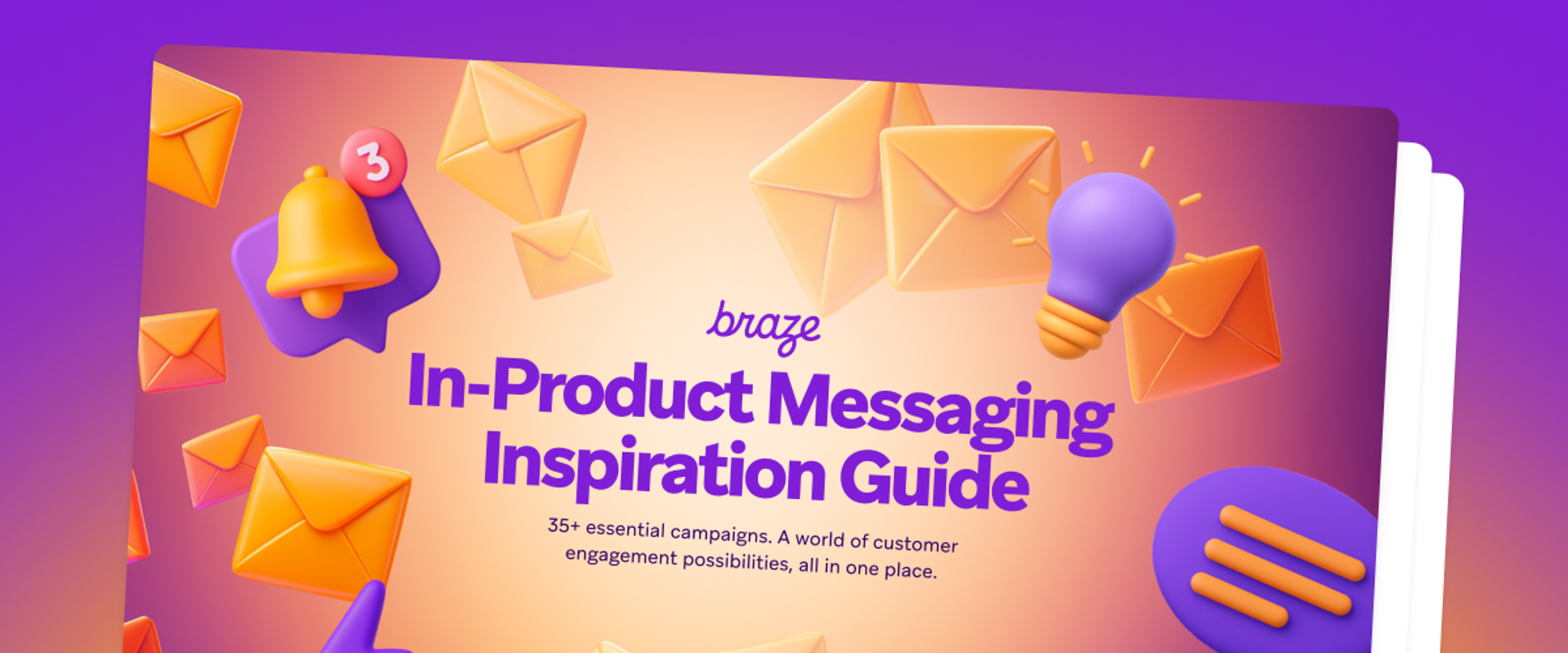 Braze In-Product Messaging Inspiration Guide cover featuring 3D mail, notification bell, and lightbulb icons.