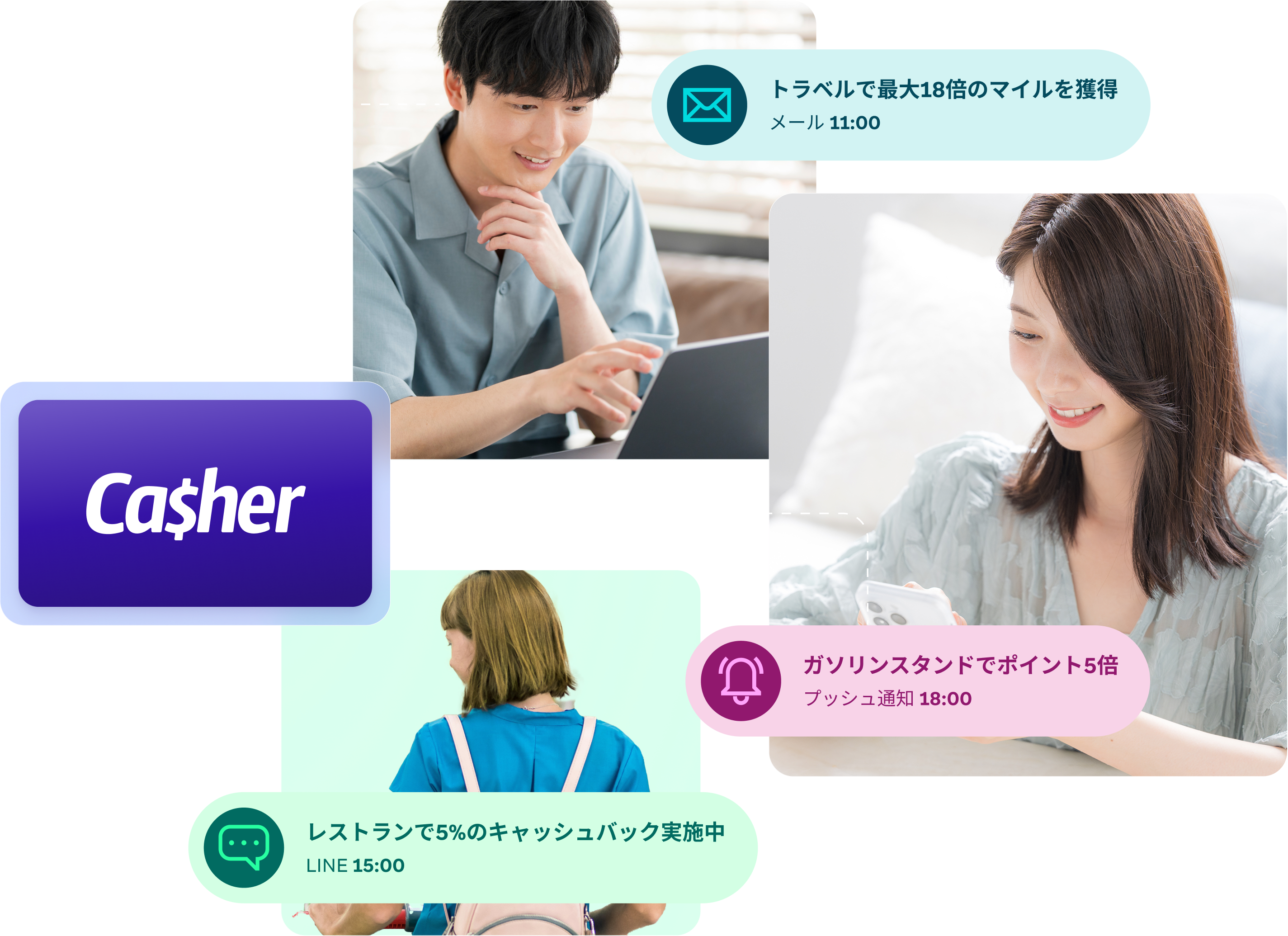 A collage of people using digital devices, surrounded by app notifications in Japanese and a "Ca$her" logo.