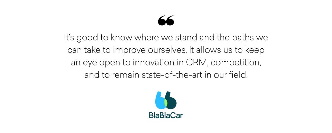 Text discussing the importance of self-assessment and innovation in CRM and competition, attributed to BlaBlaCar.