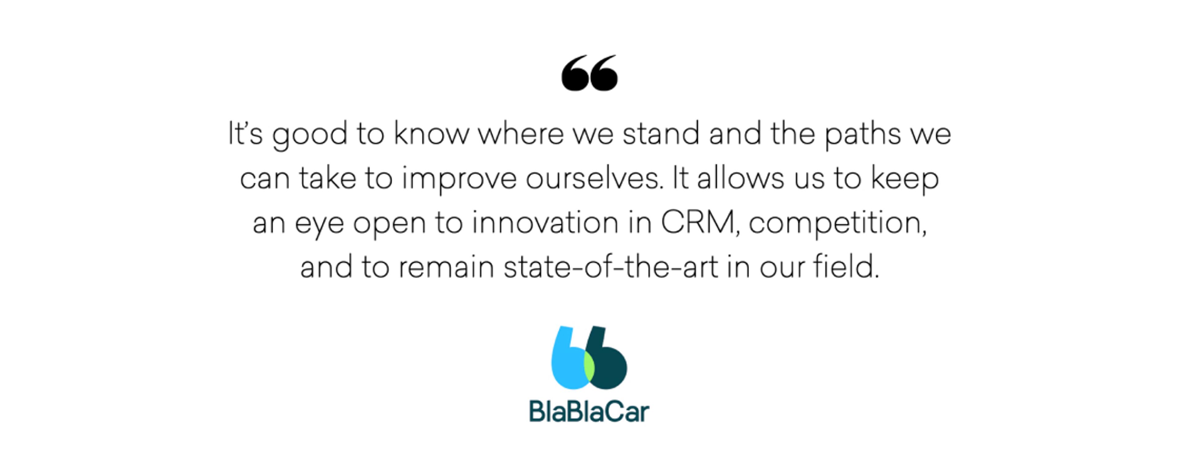 Text discussing the importance of self-assessment and innovation in CRM and competition, attributed to BlaBlaCar.