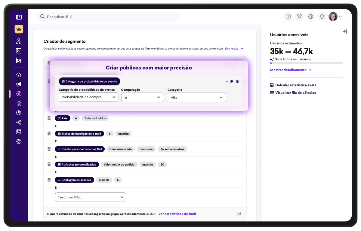 Página com o painel do Segment Builder
