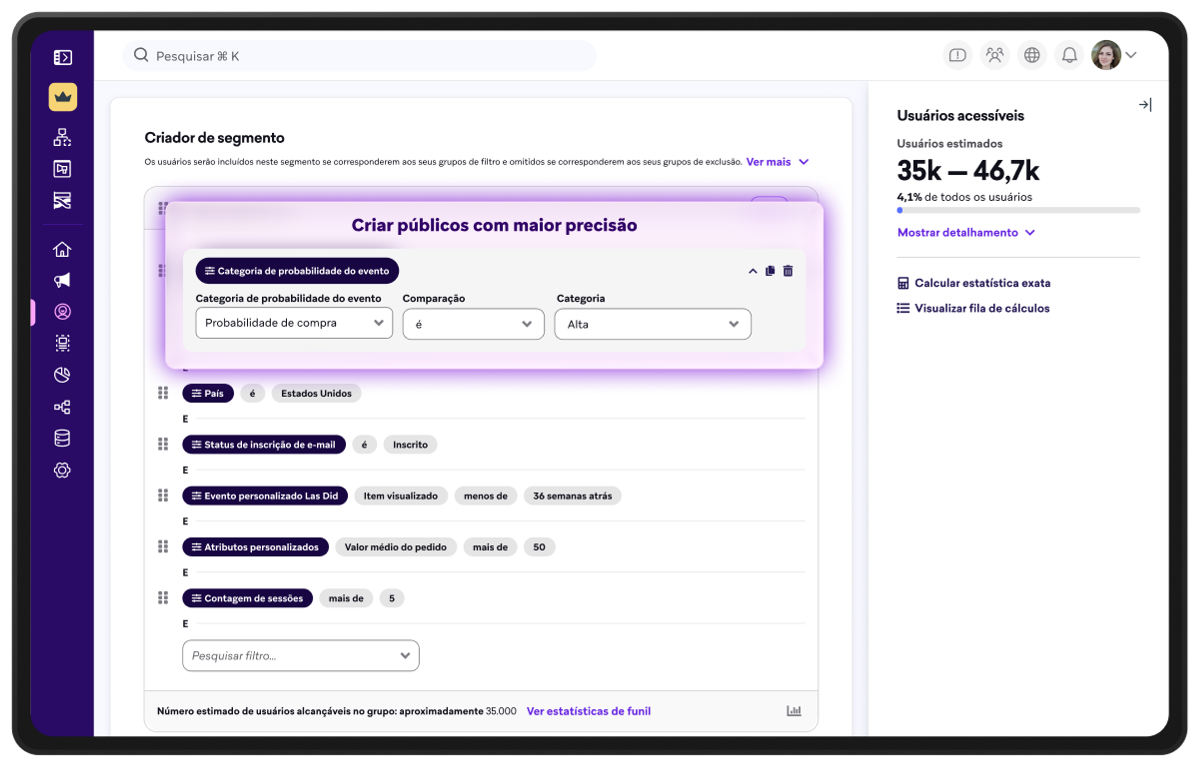 Página com o painel do Segment Builder