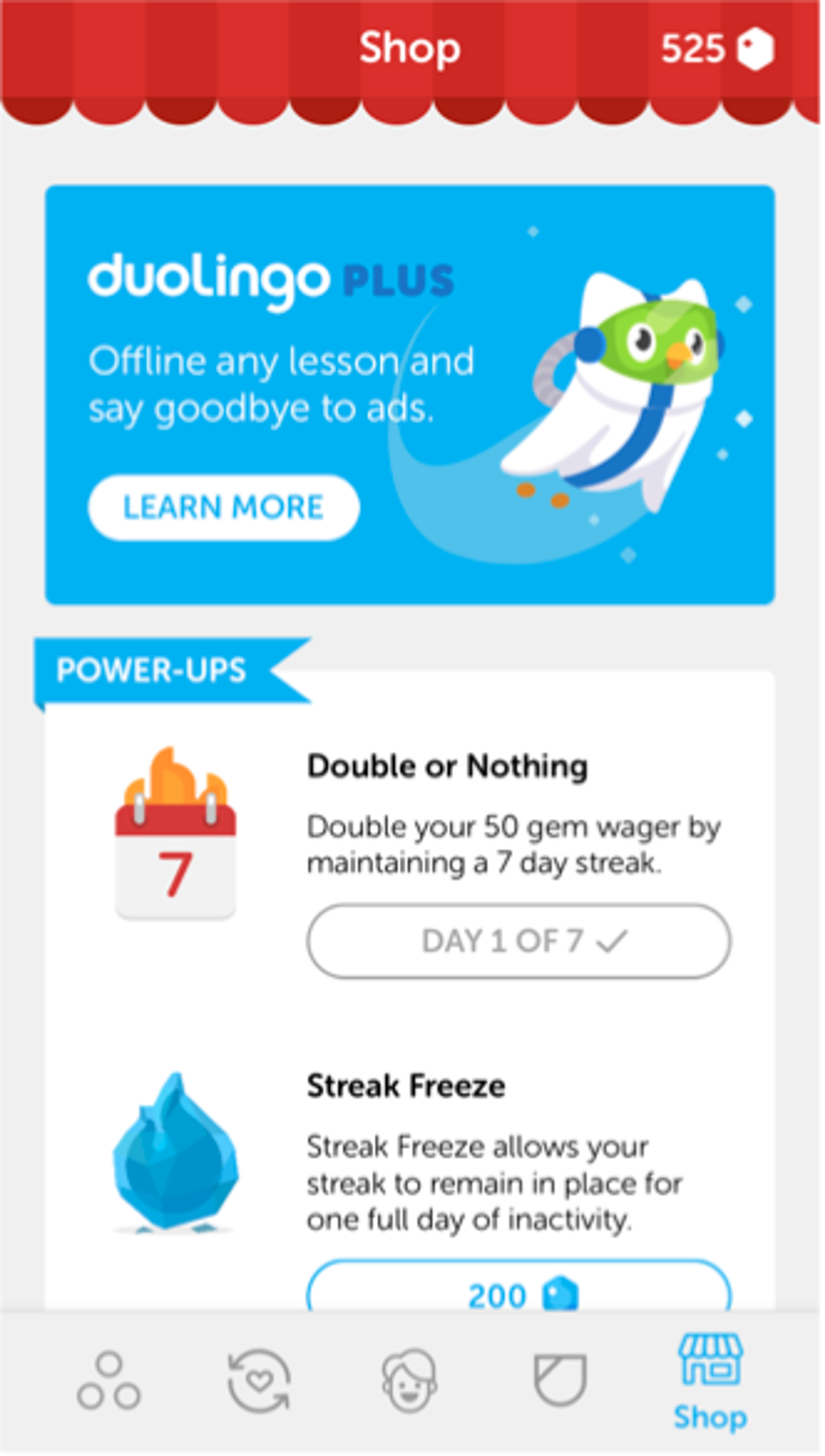 A screenshot of the Duolingo app shop, featuring a promotional banner for Duolingo Plus and options for power-ups like "Double or Nothing" and "Streak Freeze." The interface includes a gem count and a progress indicator for a 7-day streak.
