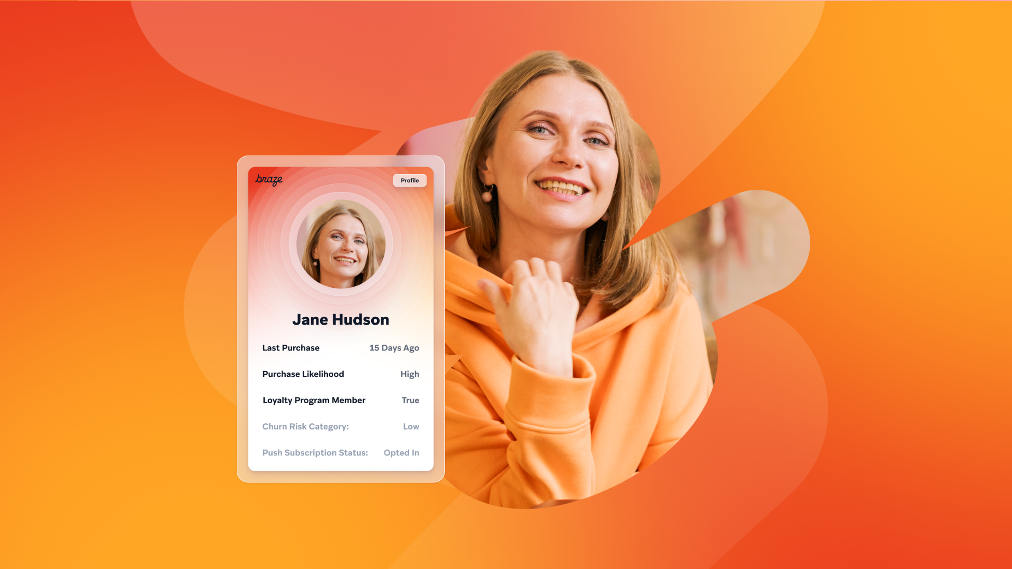 Smiling woman in an orange hoodie next to a digital profile card showing her photo, name 'Jane Hudson', and customer data.