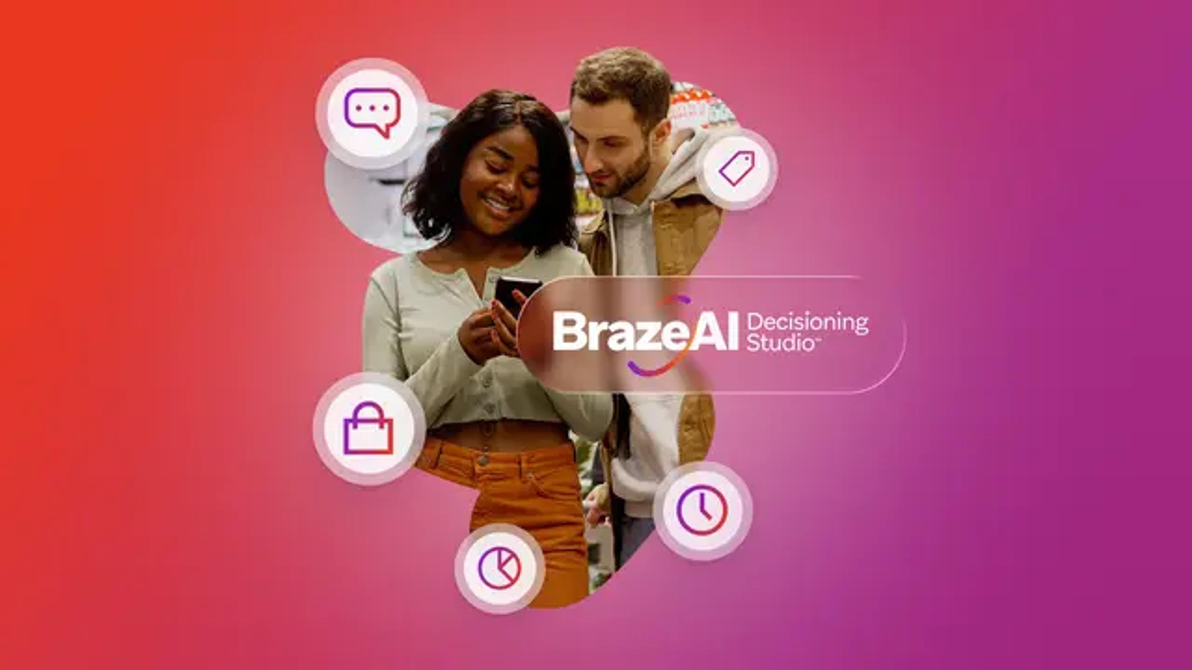 Homem e mulher olhando para um smartphone, cercados por ícones de engajamento do cliente, com o logotipo do 'Braze AI Decisioning Studio'.