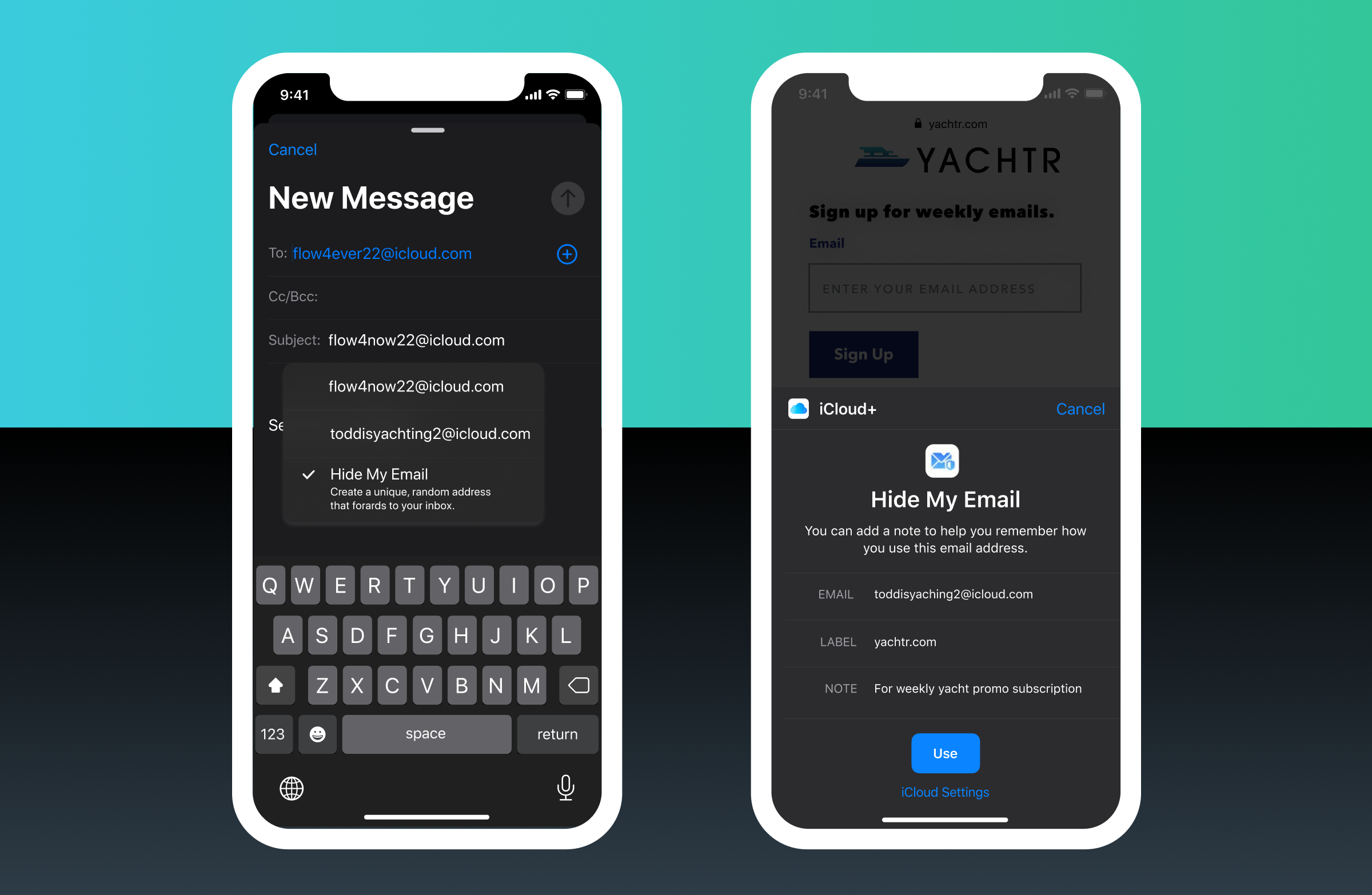 A smartphone screen displaying a new message interface on the left and an email sign-up page on the right, featuring the "Hide My Email" option.