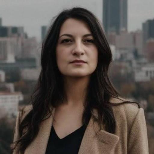 A woman with long dark hair stands confidently in front of a city skyline. She is wearing a beige coat and has a serious expression.