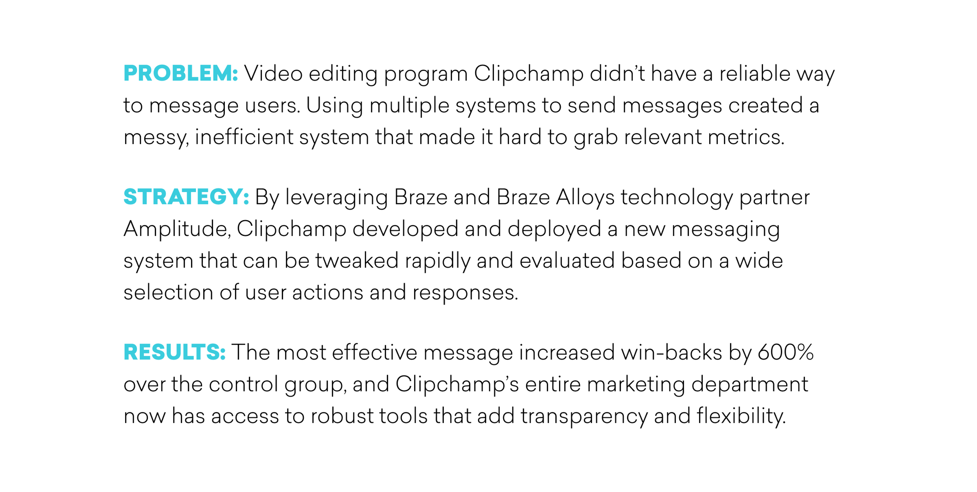 A summary of Clipchamp's messaging system improvements, highlighting a 600% increase in user engagement through a new adaptable messaging strategy.