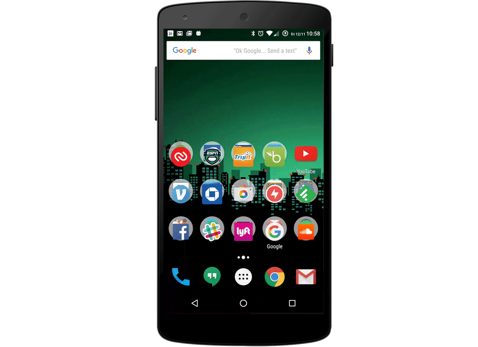 A smartphone displaying a home screen with various app icons, including social media and messaging apps, against a green background. The time and a search bar are visible at the top.