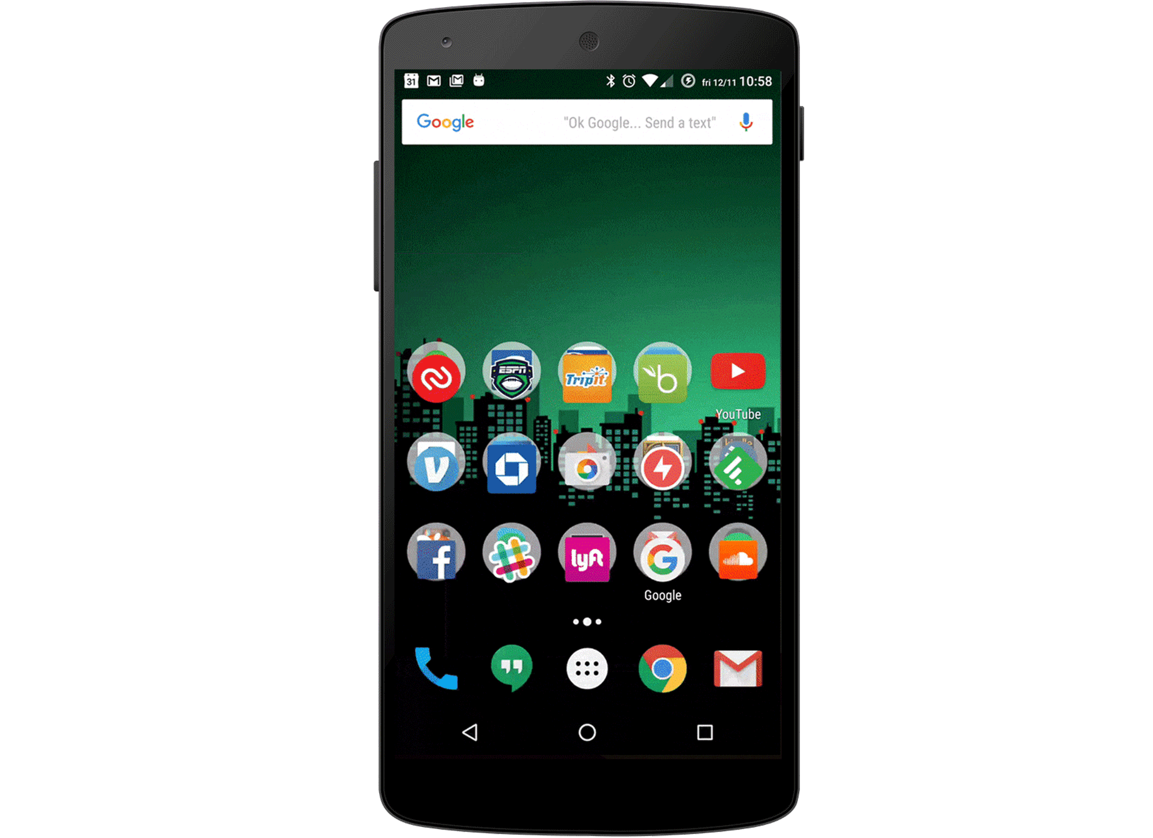 A smartphone displaying a home screen with various app icons, including social media and messaging apps, against a green background. The time and a search bar are visible at the top.