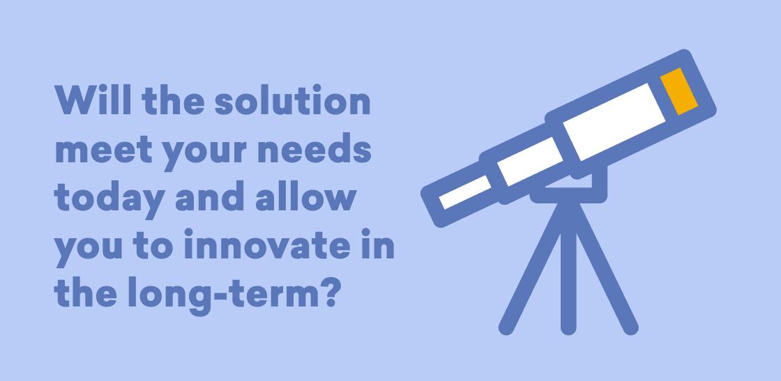 Text on a light blue background asks if a solution will meet current needs and allow for long-term innovation, accompanied by an illustration of a telescope.