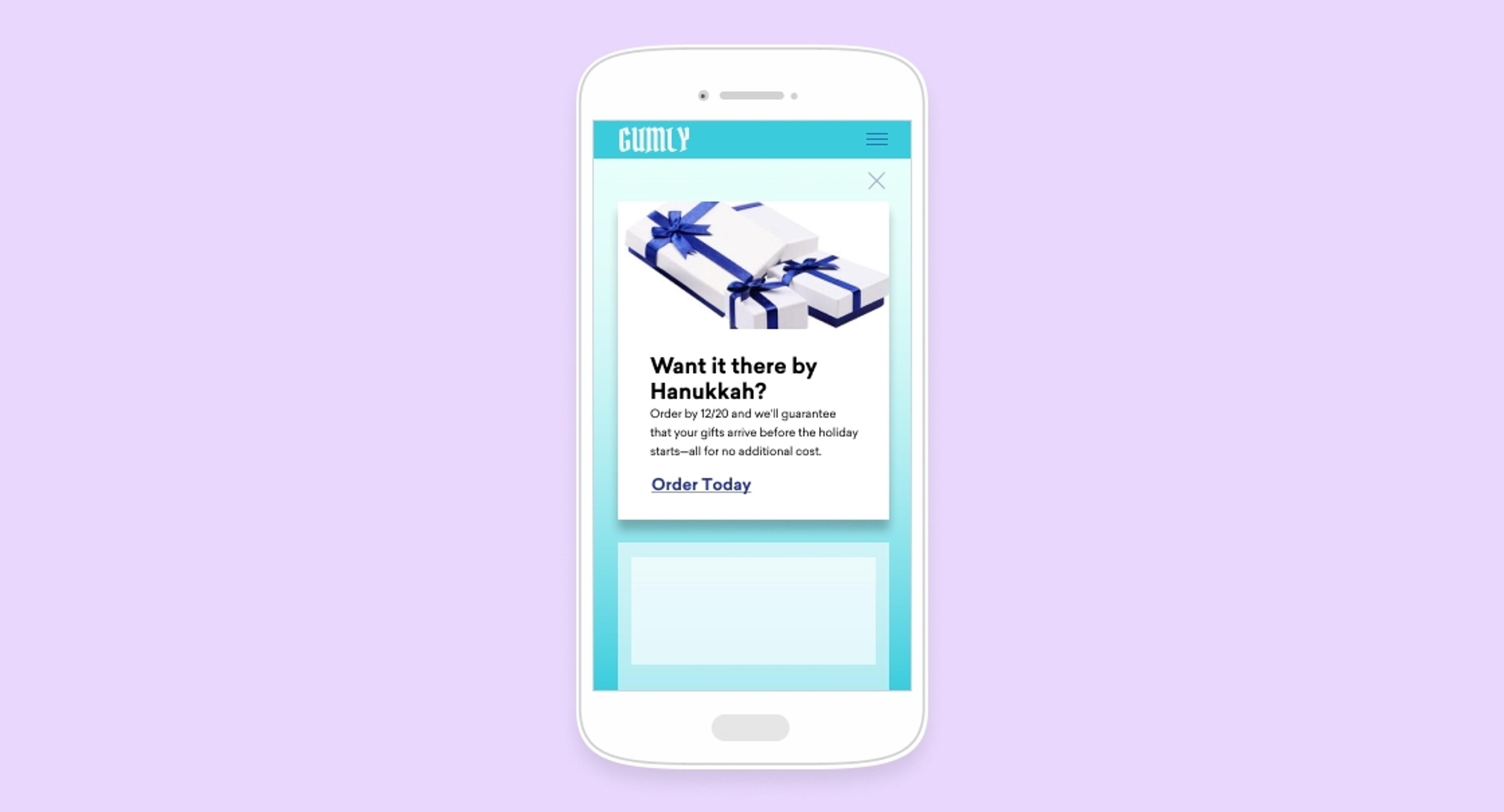 A mobile phone screen displaying a holiday gift advertisement with a prompt to order by Hanukkah. The background is a light purple color.