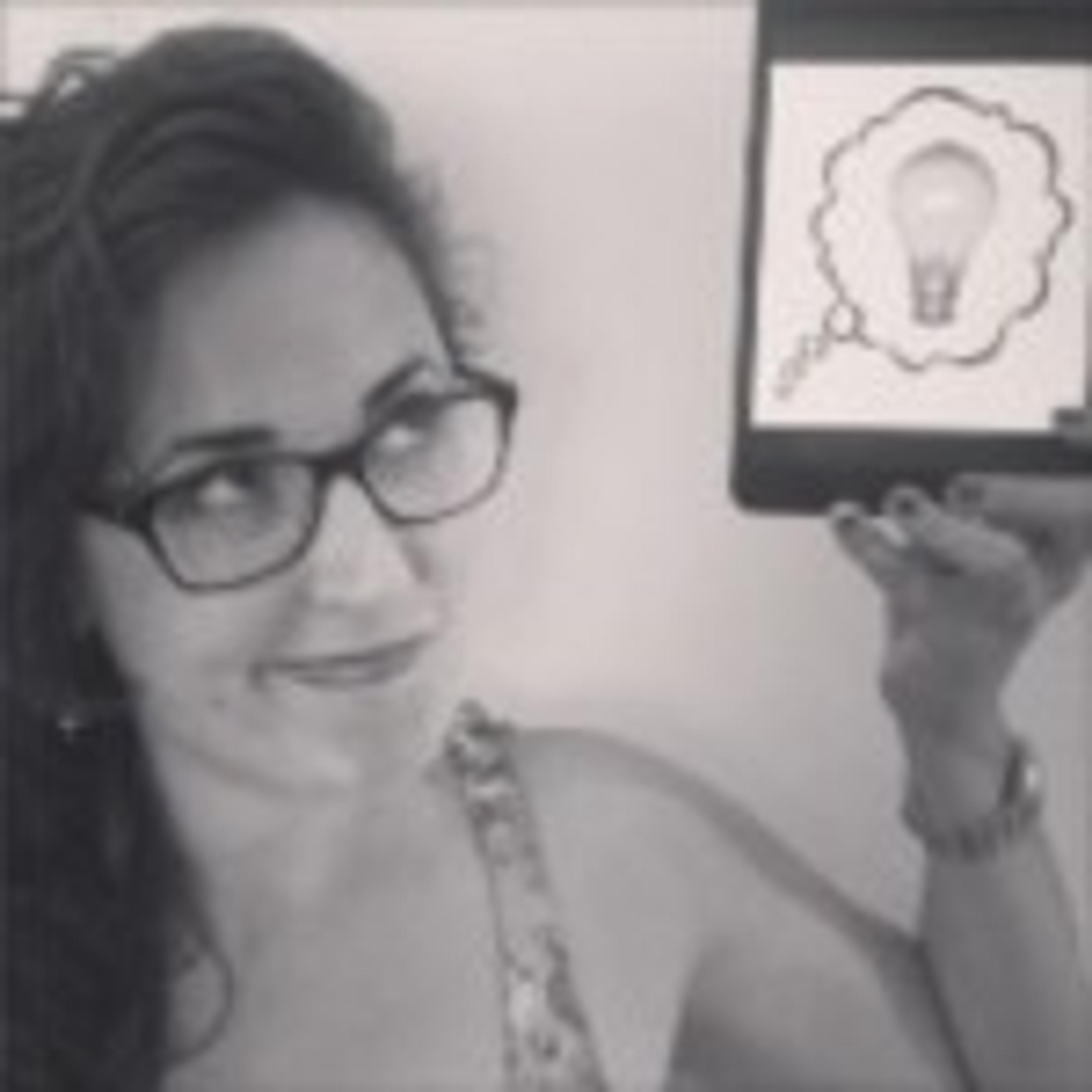 A woman with glasses holds a tablet displaying a light bulb icon in a thought bubble. She looks thoughtfully at the tablet.