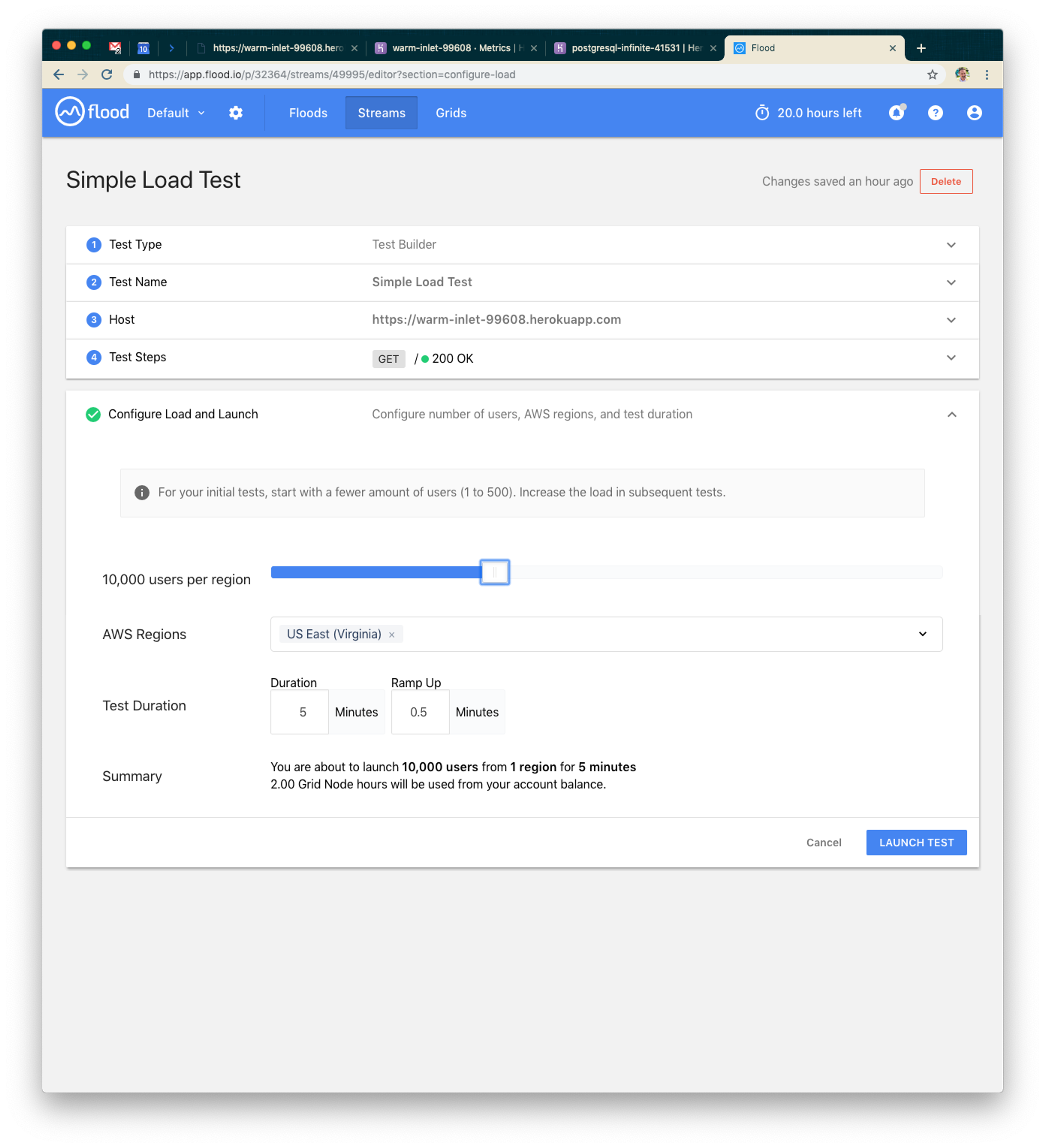 A web interface for a load testing tool, displaying options to configure load and launch settings, including user count and AWS regions. The summary section indicates the ability to launch 10,000 users for 5 minutes.