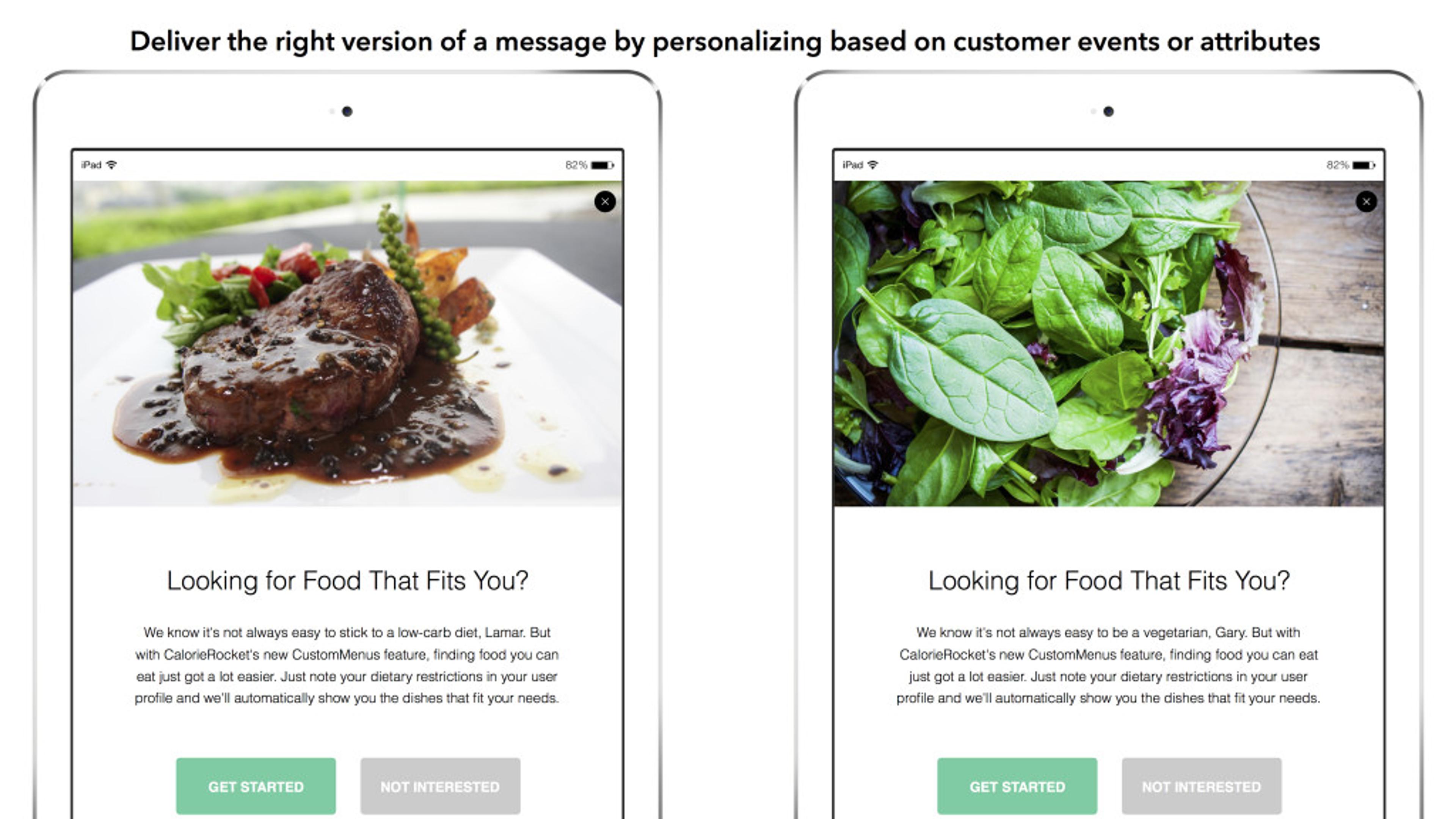 Two tablet screens displaying personalized food options. The left shows a dish of meat, while the right features a salad, both with a call-to-action to get started.