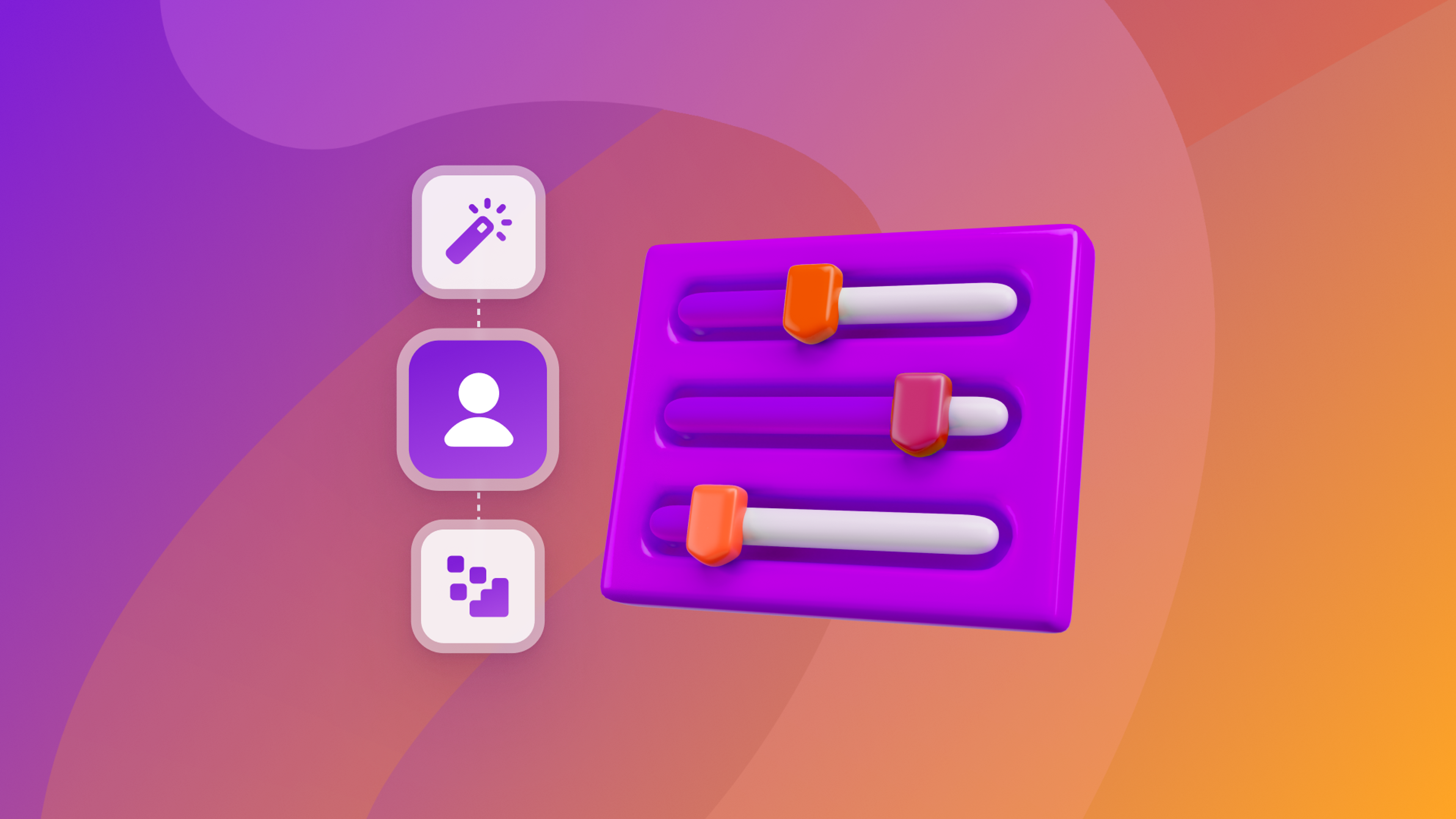 3D illustration of a control panel with purple sliders, a magic wand icon, a person icon, and a pixel icon.