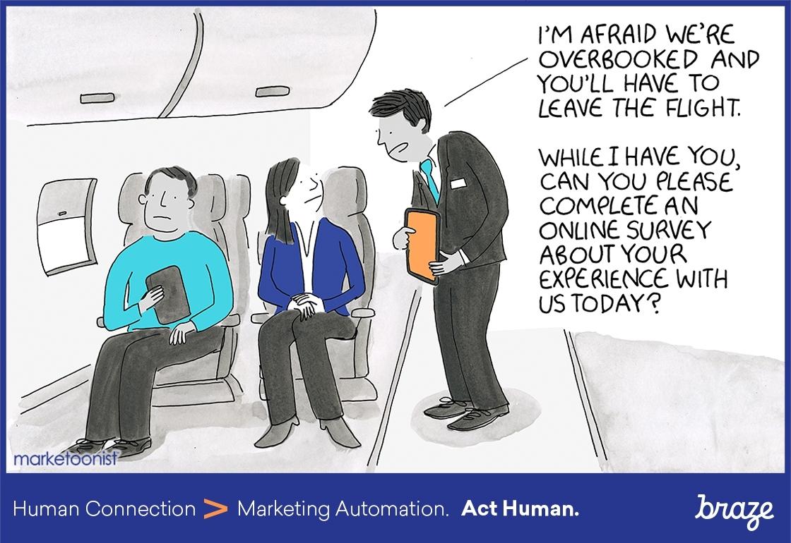 A flight attendant informs two passengers that the flight is overbooked and they will have to leave. The attendant also asks if they can complete an online survey about their experience.