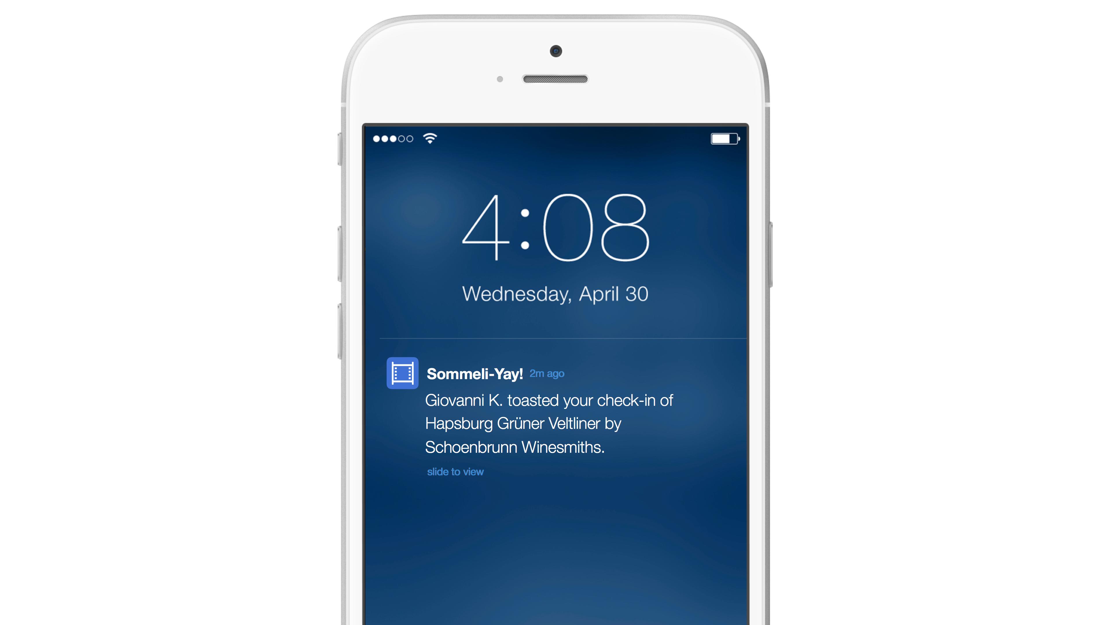 A smartphone screen displaying a notification from the Sommelier app about a wine check-in. The time is 4:08 PM on Wednesday, April 30.