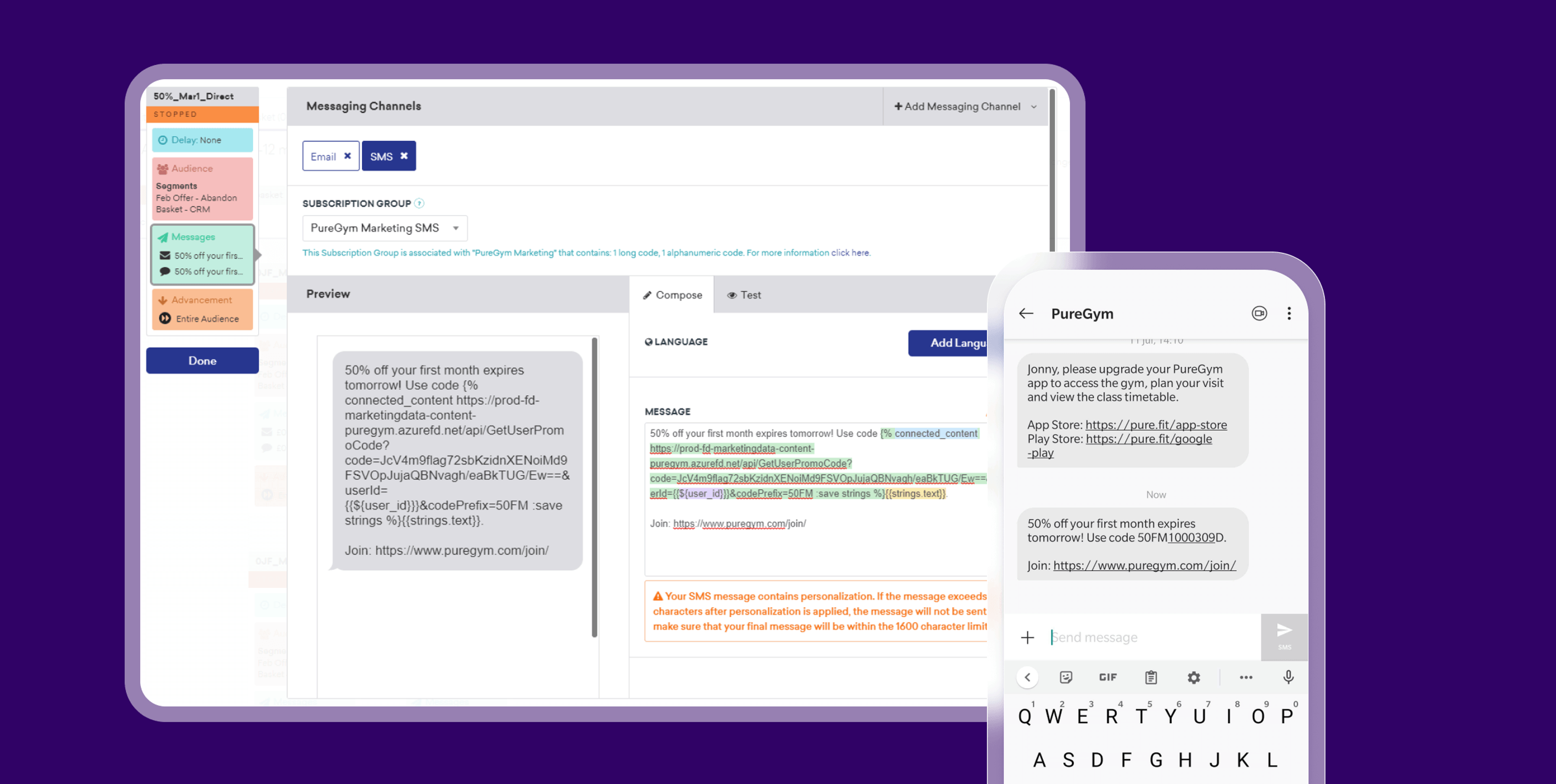 uma imagem mostrando um SMS e uma tela na plataforma Braze sobre como entregá-lo