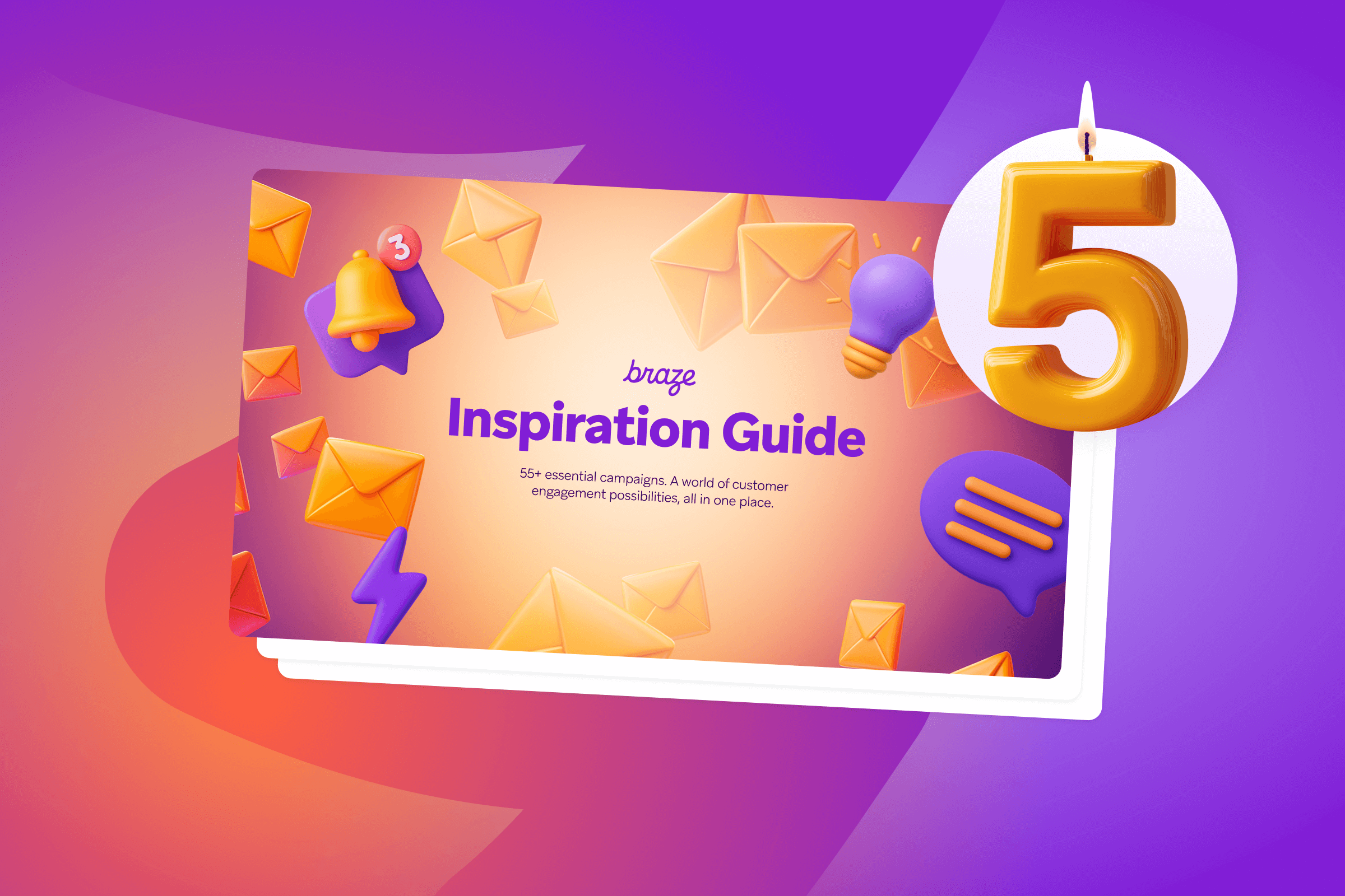 The cover of the Braze Inspiration Guide on a orange and purple background