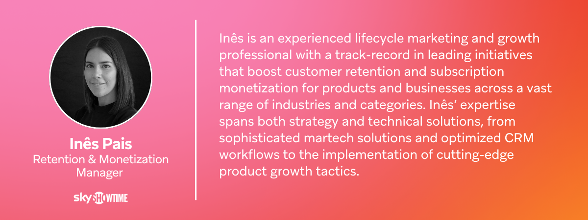 A professional headshot of Inês Pais, a Retention and Monetization Manager at Sky Showtime, with a gradient background. The text highlights her expertise in lifecycle marketing and growth strategies.