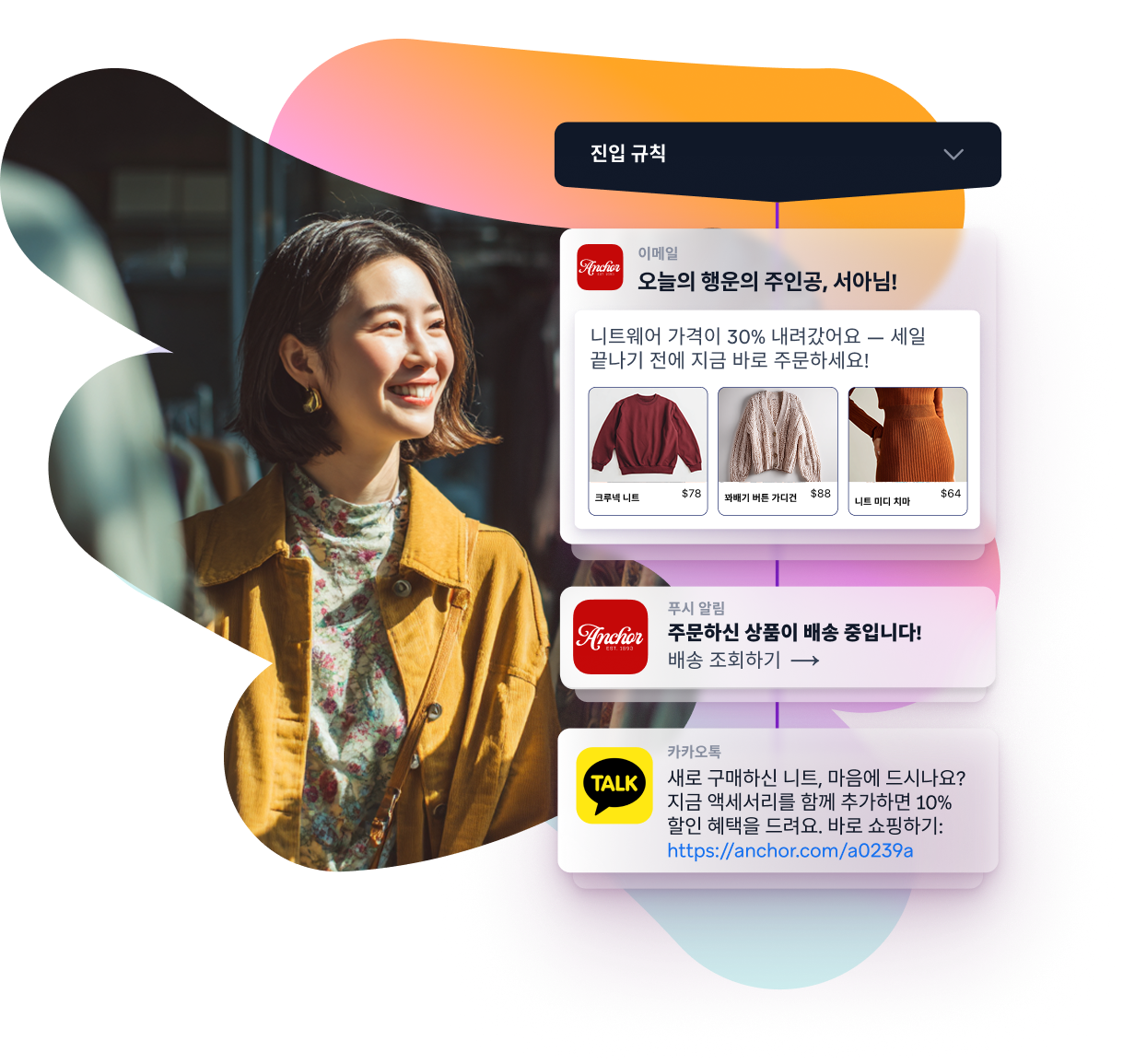 A smiling woman in a store, with overlaid digital notifications about shopping promotions, price drops, and delivery updates.