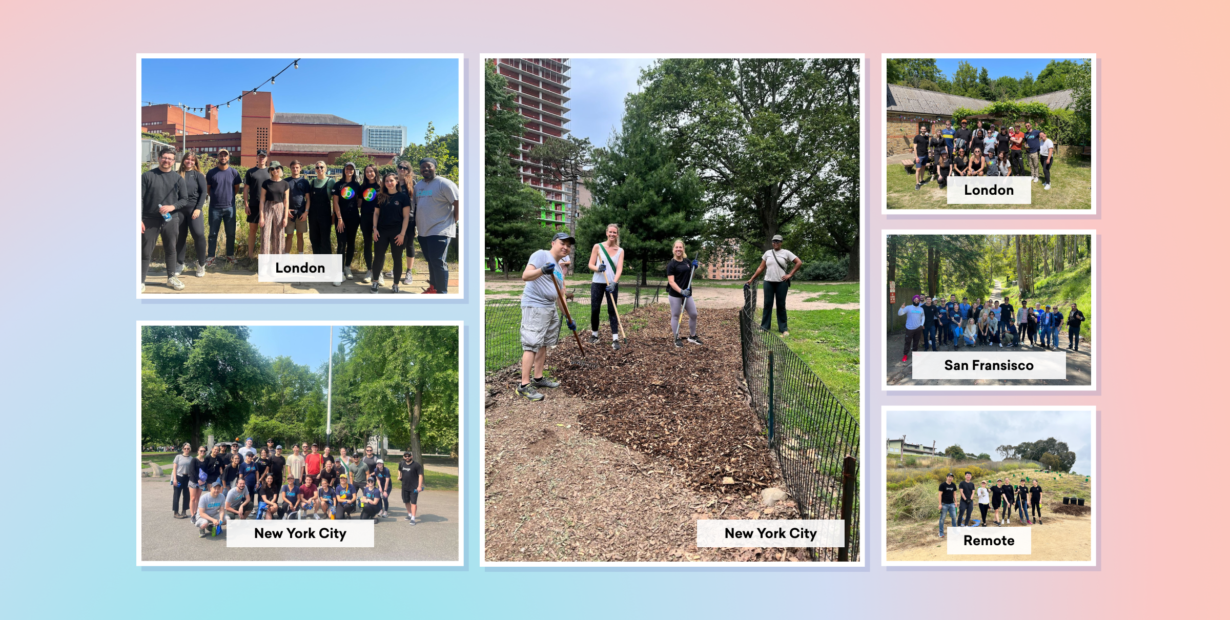 A collage of images showing groups of people participating in community service activities in various locations, including London, New York City, San Francisco, and a remote group. Each image features individuals engaged in outdoor tasks like planting and landscaping.