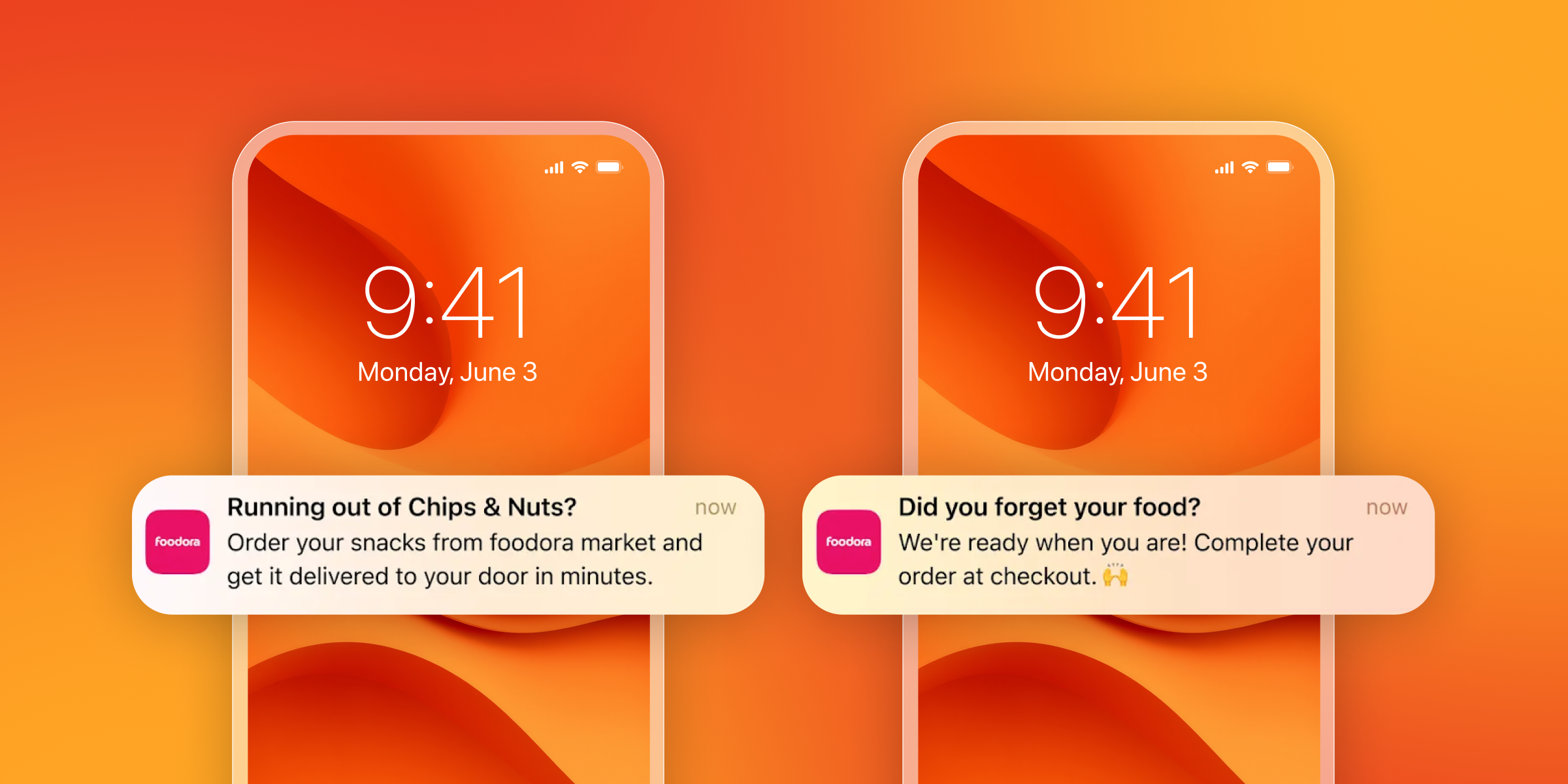 Two iPhone lock screens display Foodora app notifications: "Running out of Chips & Nuts?" and "Did you forget your food?".