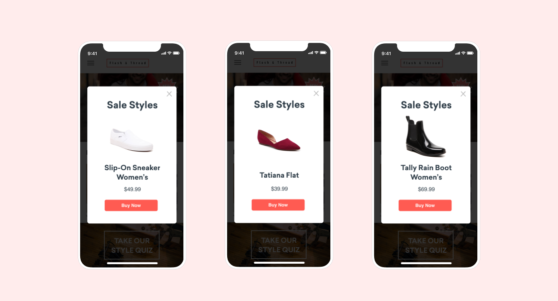Three mobile phone screens displaying sale styles for women's footwear: a slip-on sneaker, a flat shoe, and a rain boot, each with a price and a "Buy Now" button.