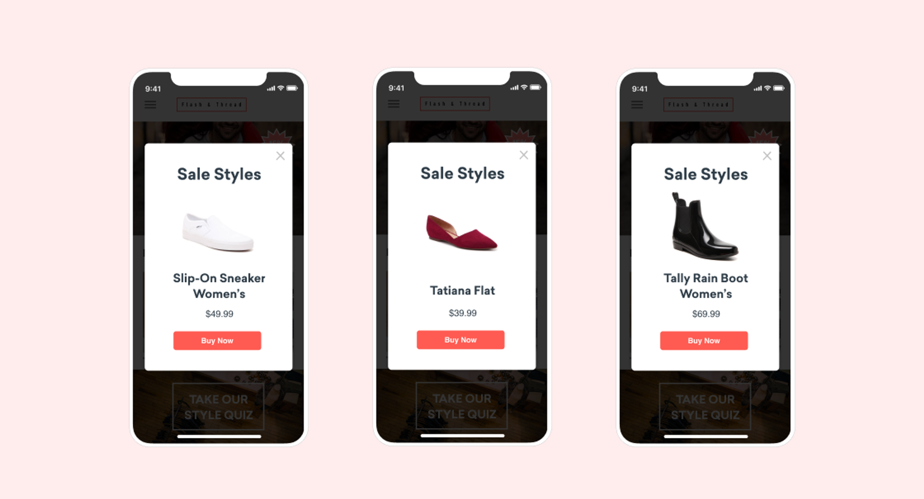 Three mobile phone screens displaying sale styles for women's footwear: a slip-on sneaker, a flat shoe, and a rain boot, each with a price and a "Buy Now" button.
