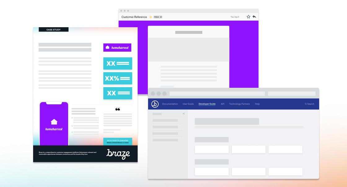 A digital collage featuring a case study document, a mobile app interface, and a developer guide webpage, all showcasing a purple and white color scheme. The elements highlight various aspects of a brand's marketing strategy.