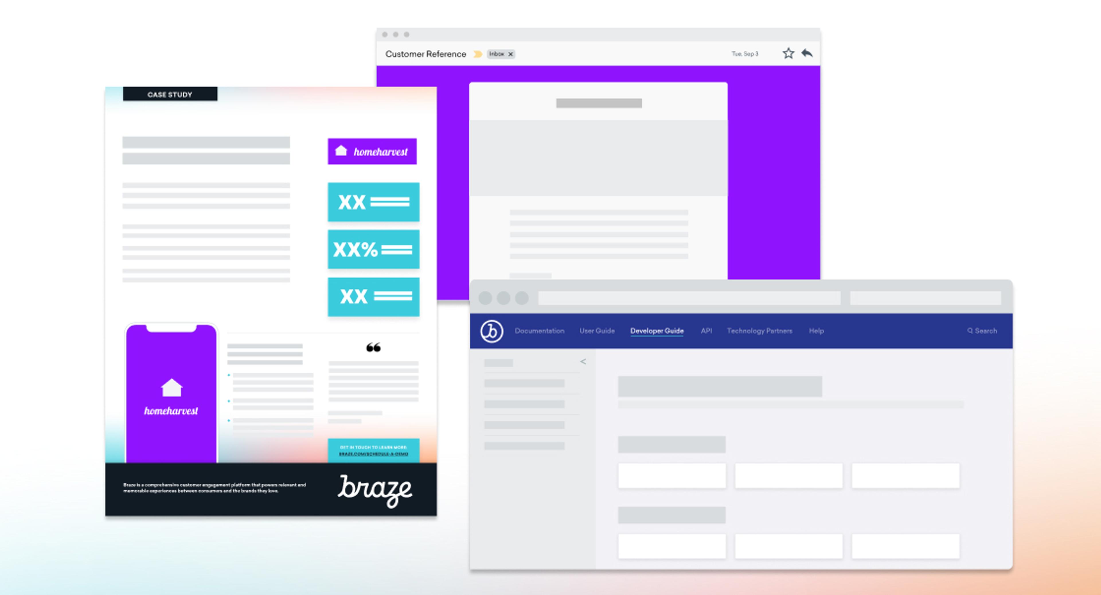 A digital collage featuring a case study document, a mobile app interface, and a developer guide webpage, all showcasing a purple and white color scheme. The elements highlight various aspects of a brand's marketing strategy.