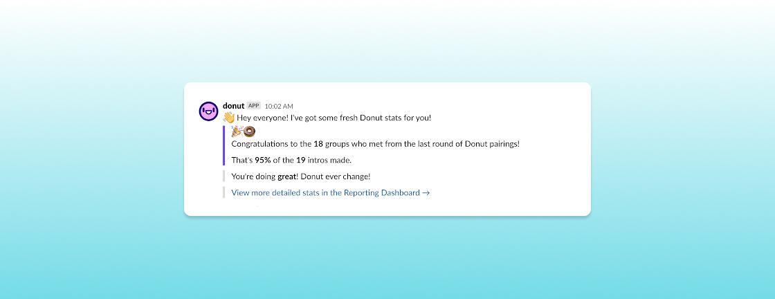 A message from a user named "donut" announcing fresh donut statistics and congratulating 18 groups for completing a task. It includes a link to view more detailed stats.