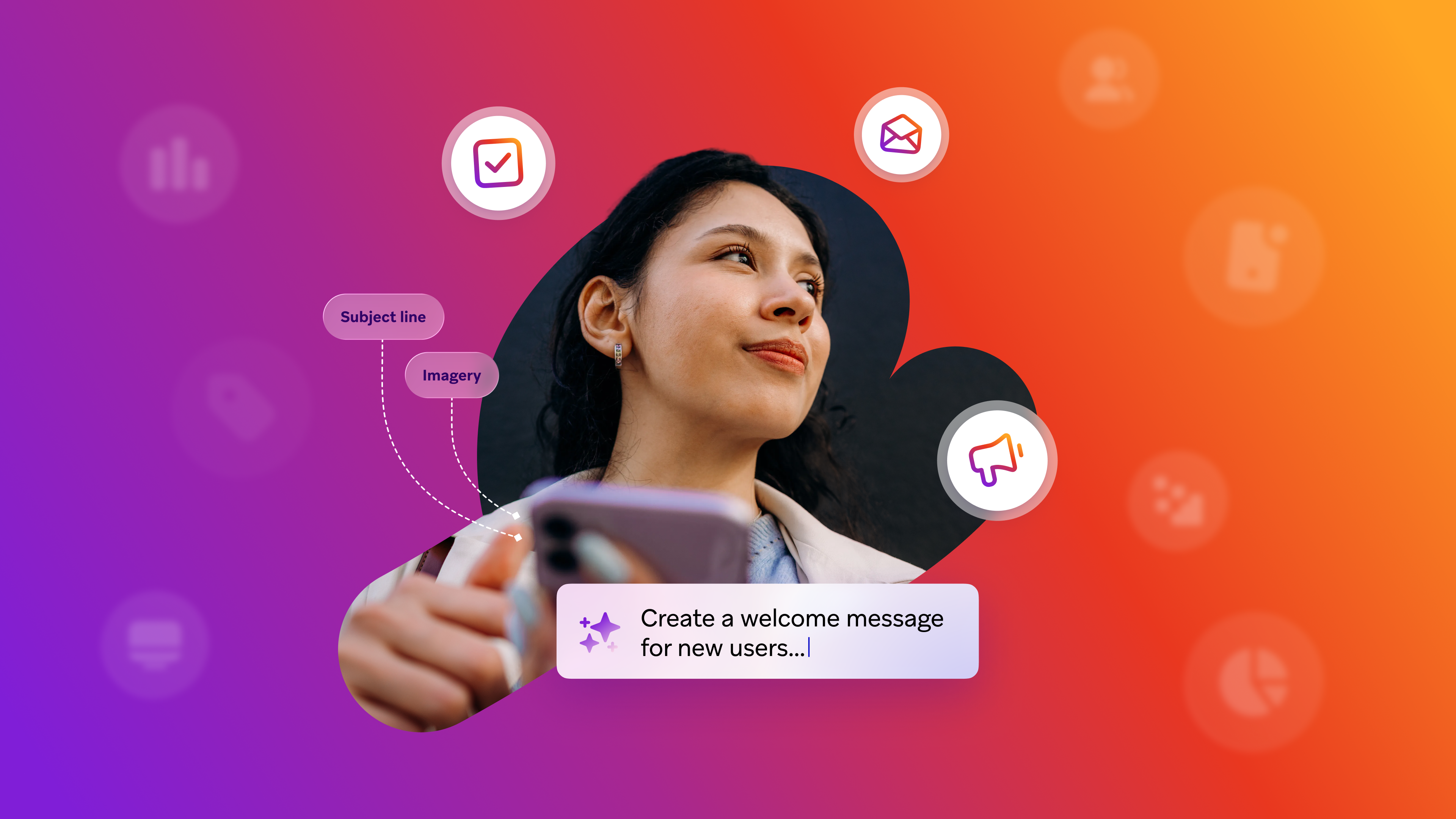 Woman holding a smartphone amid email marketing icons and an AI prompt reading, “Create a welcome message for new users...”