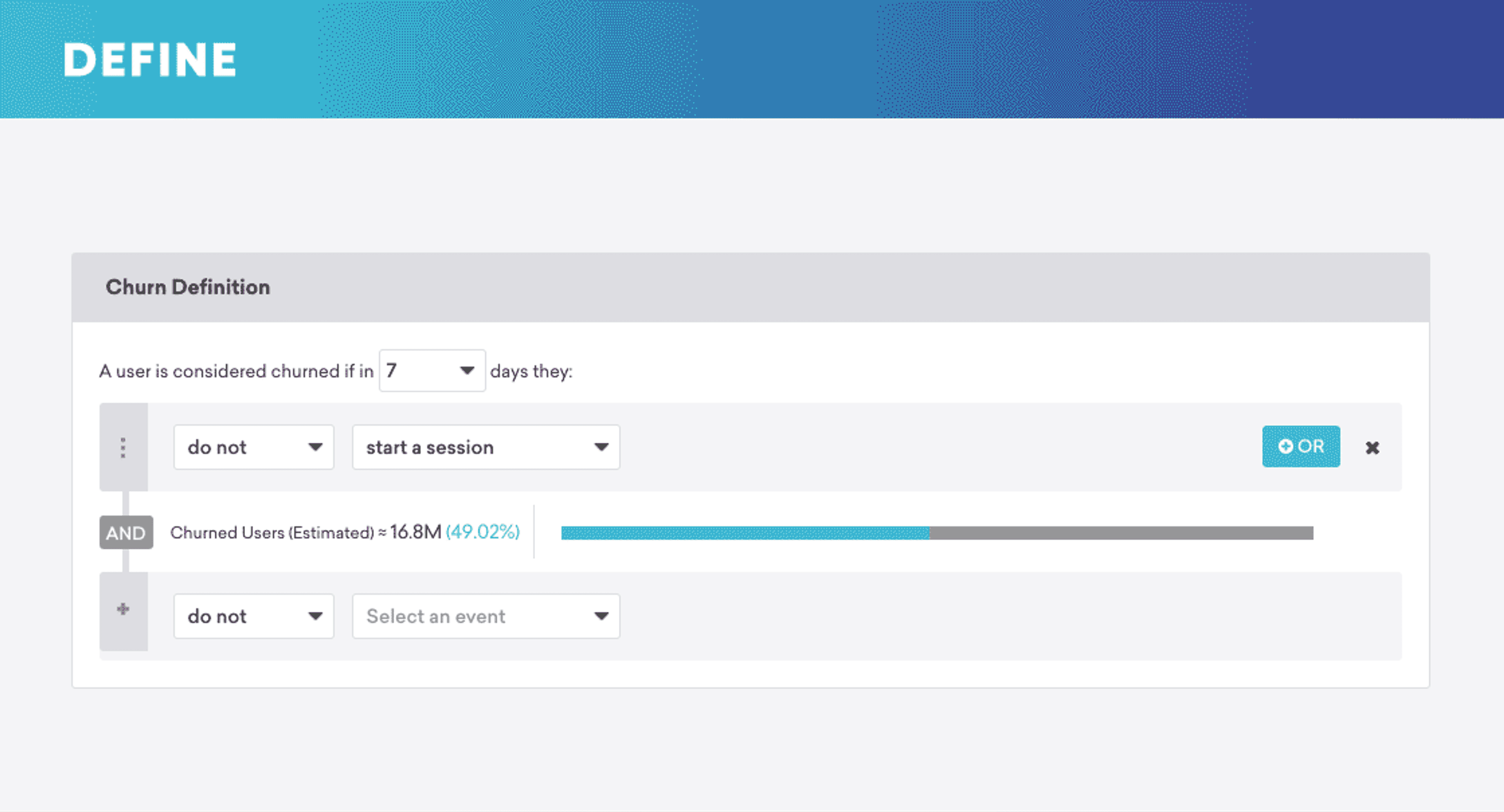 A user interface displaying a churn definition tool with dropdown menus for session and event selection, and a progress bar indicating estimated churned users.