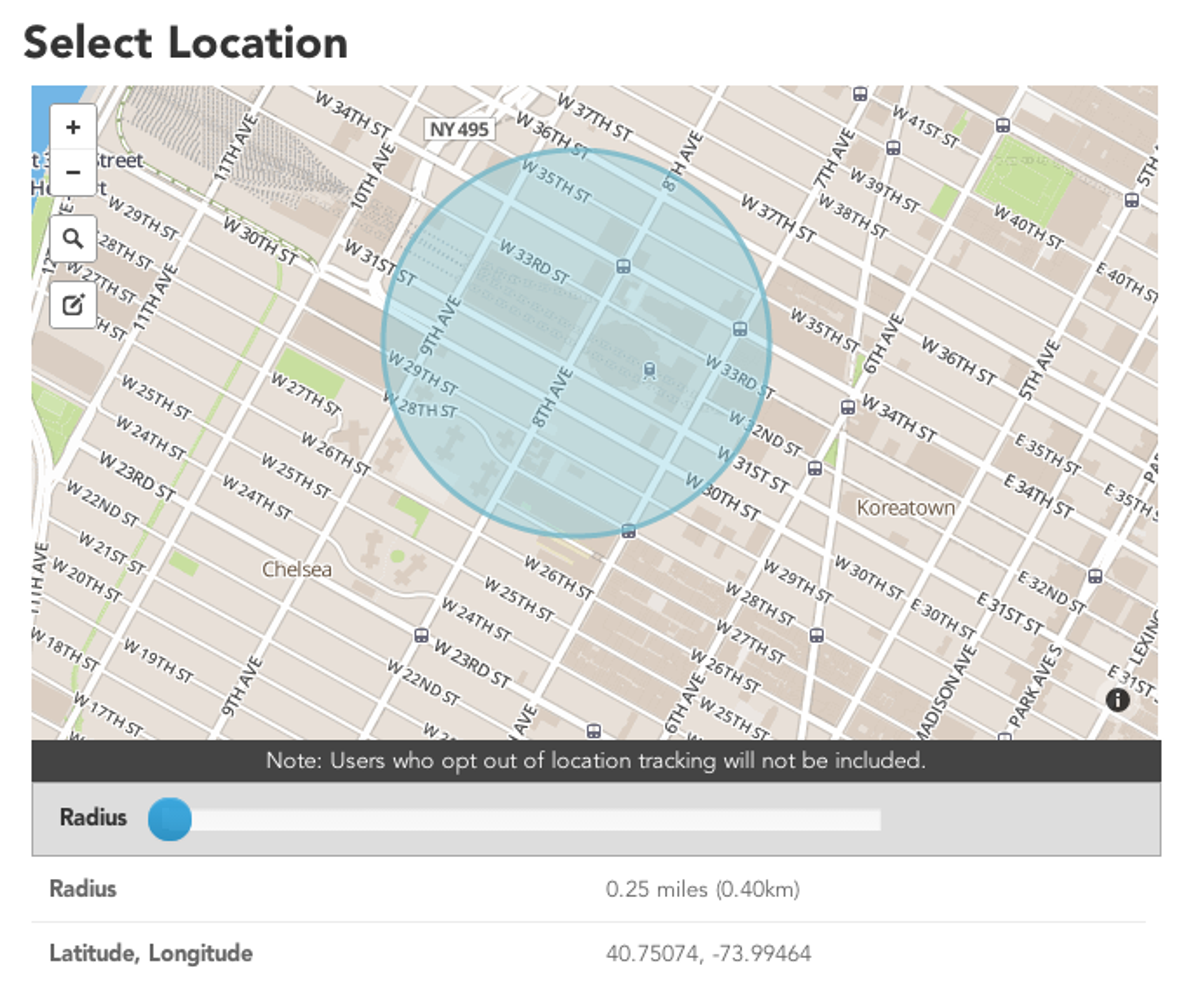 A map showing a selected location with a blue circle indicating a 0.25-mile radius. Latitude and longitude coordinates are displayed below the map.