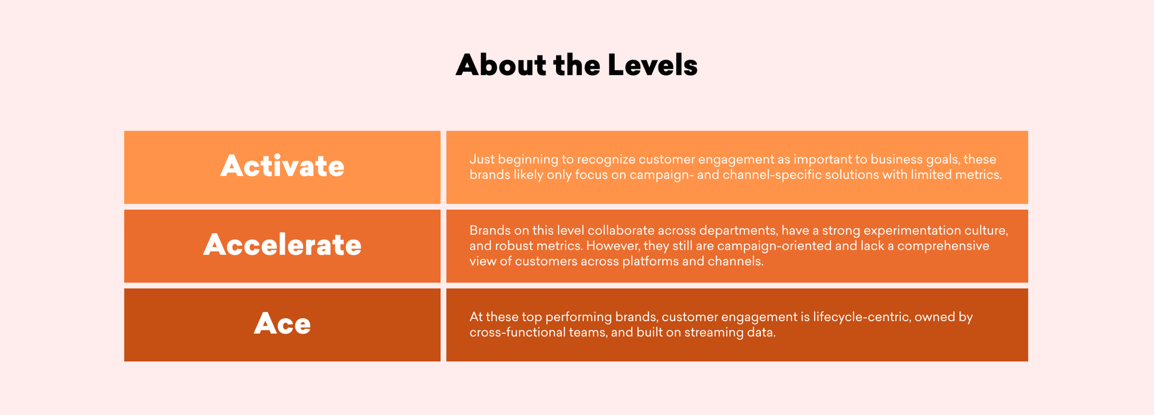 A table titled "About the Levels" outlining three stages of customer engagement: Activate, Accelerate, and Ace, with descriptions for each level.