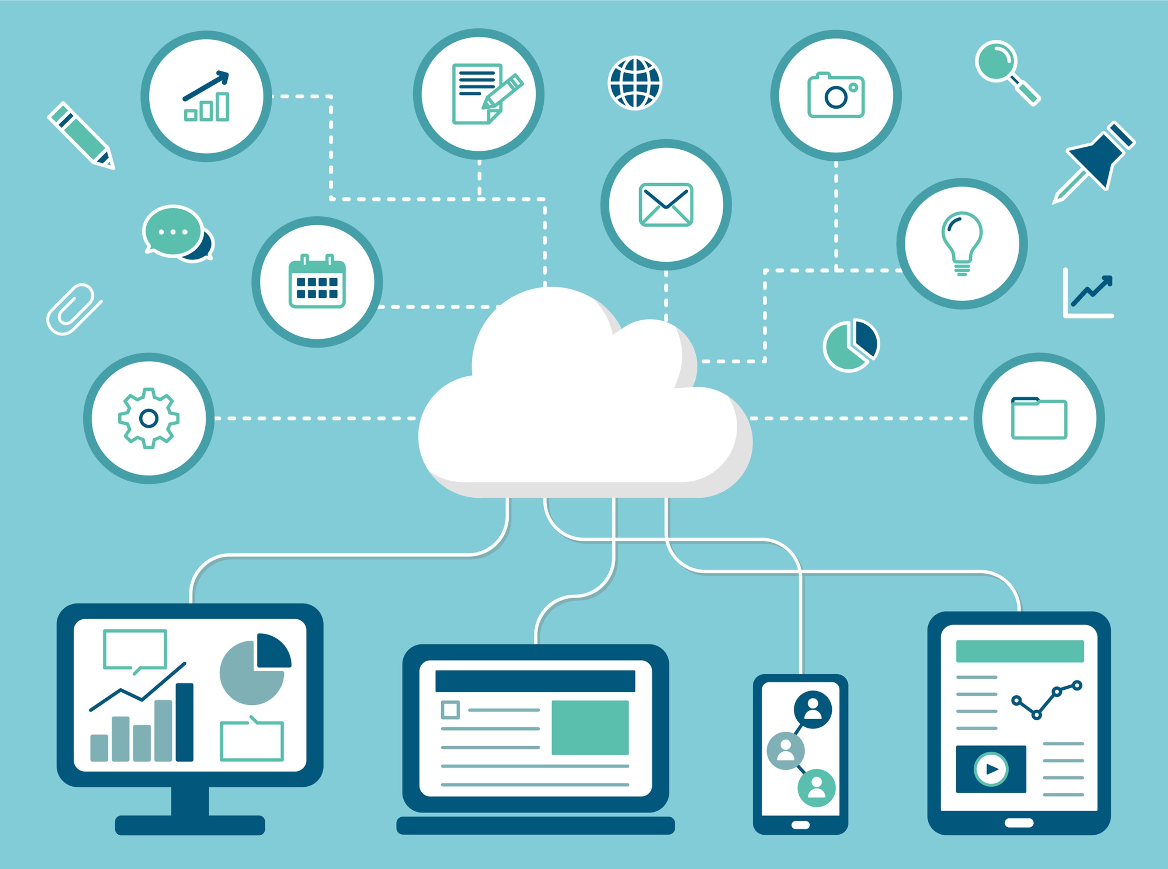 an illustration of a cloud connected to a computer , tablet , and phone .