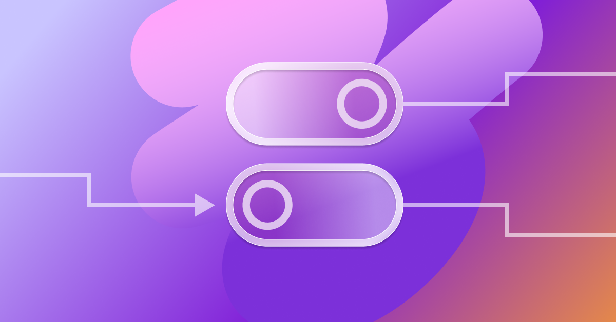 a purple and pink background with illustrations of feature flag flippers on it