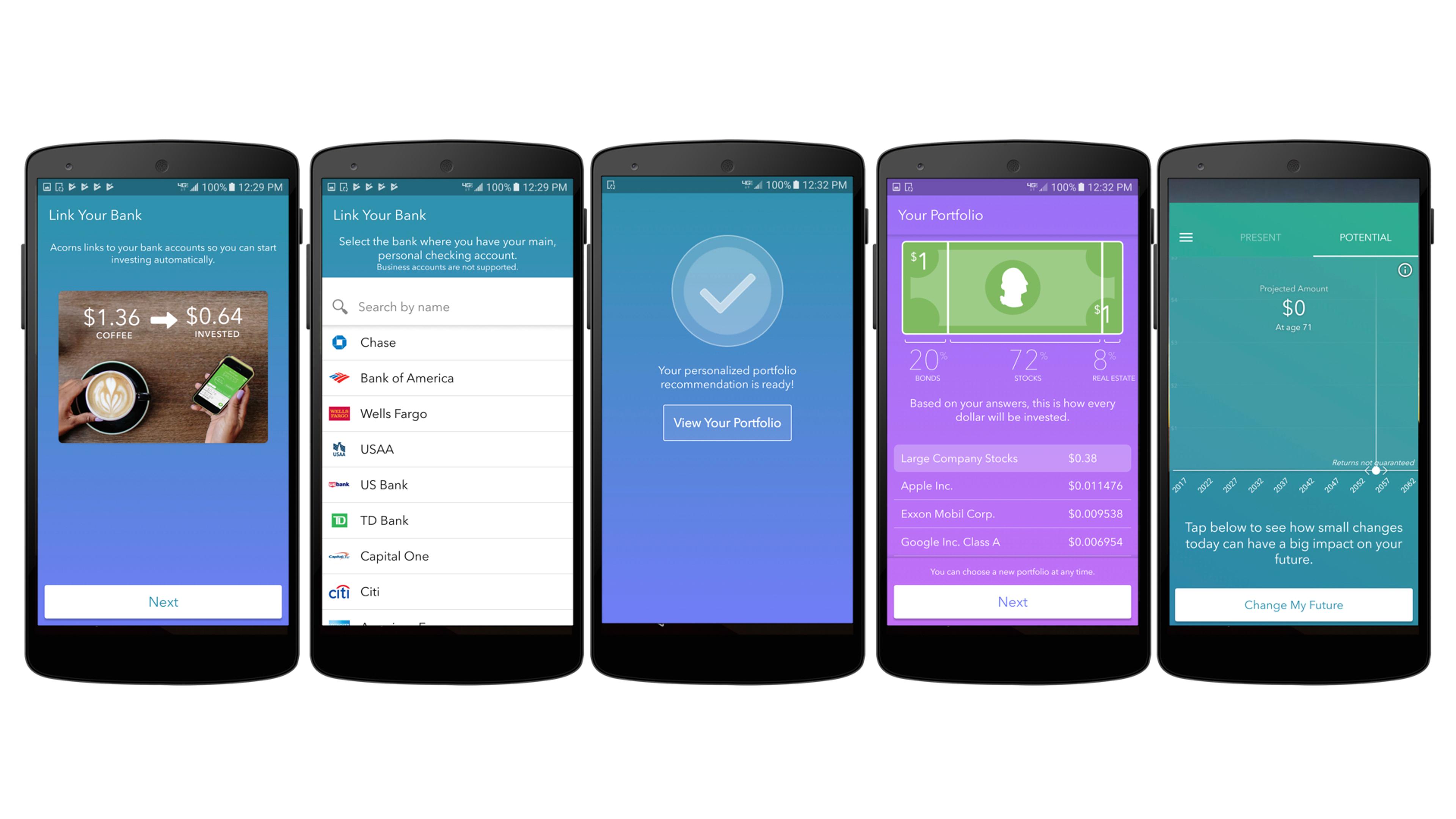 Screenshots of a mobile app showing steps to link a bank account, view a portfolio, and track financial goals. The interface includes options for various banks and displays account balances and investment information.