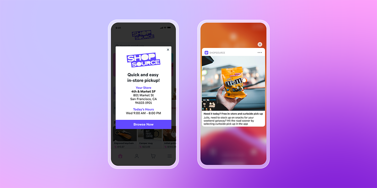 Two smartphones displaying the Shop Source app with in-store and curbside pickup options.