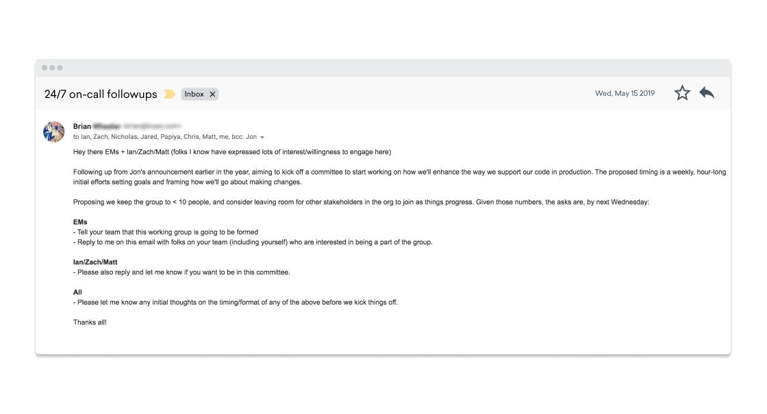 An email thread discussing on-call follow-ups and committee involvement, with participants sharing their availability and interest in contributing. The message includes names and a proposed timeline for the group's activities.