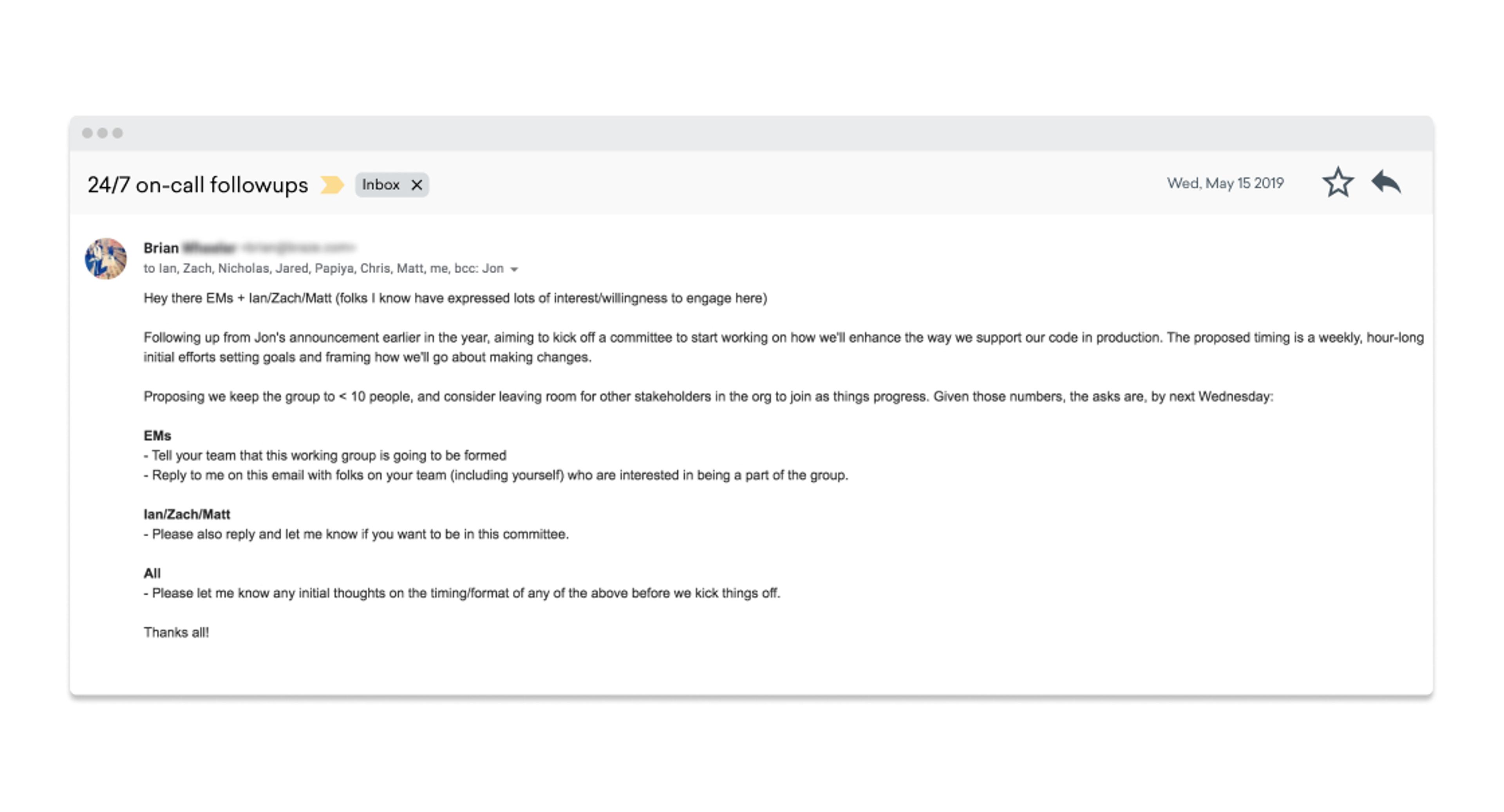 An email thread discussing on-call follow-ups and committee involvement, with participants sharing their availability and interest in contributing. The message includes names and a proposed timeline for the group's activities.
