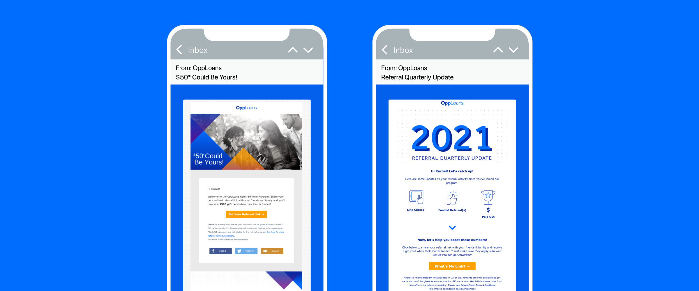 Two smartphone screens displaying emails from OpqLearns. The left screen features a promotional message, while the right screen shows a quarterly update for 2021.